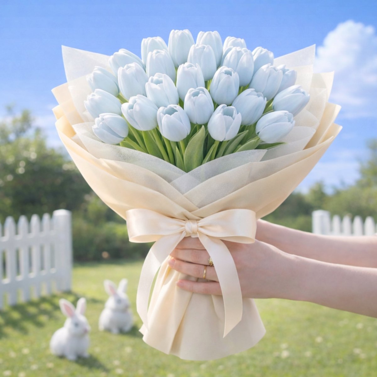 Massive hand-held bouquet of dense artificial light blue tulips, tied with a wide decorative cream ribbon. Grassy backyard has a white fence.