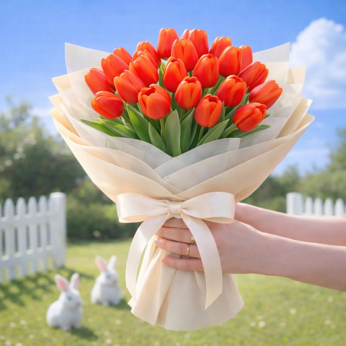 Massive hand-held bouquet of dense vibrant red artificial tulips with natural-looking leaves. Grassy background with a fence.