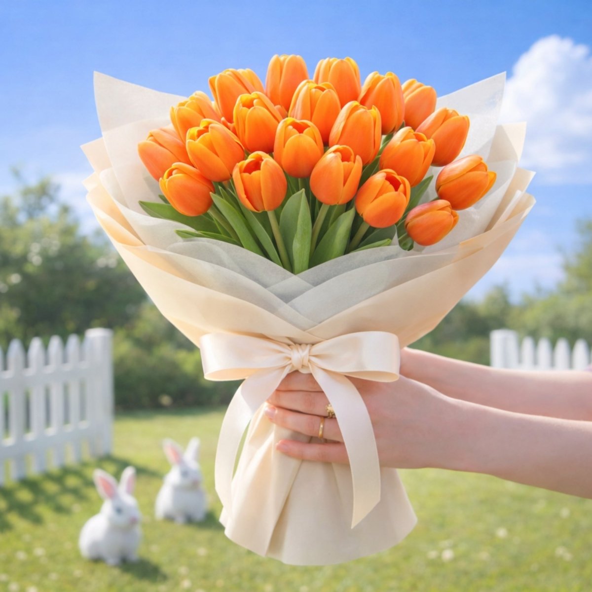 Massive dense hand-held bouquet of vibrant orange artificial tulips, tied with a large wide cream ribbon. Features a background of decorative bunnies and a white picket fence.