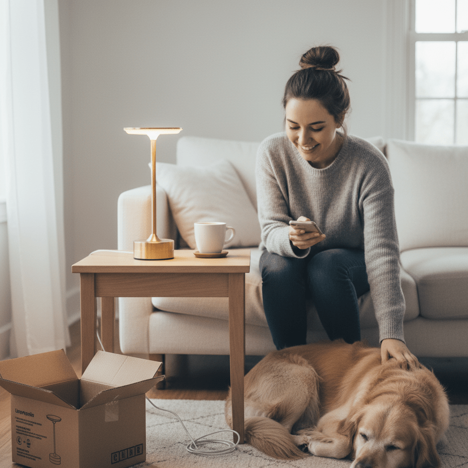 Woman reading in a cozy living room illuminated by a warm cordless metal table lamp