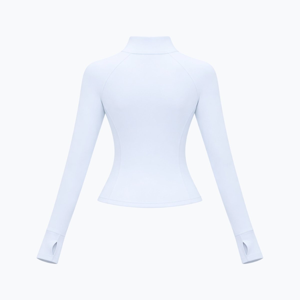 Flat lay studio product shot of light blue women's athletic jacket showing back silhouette and thumbhole cuffs.