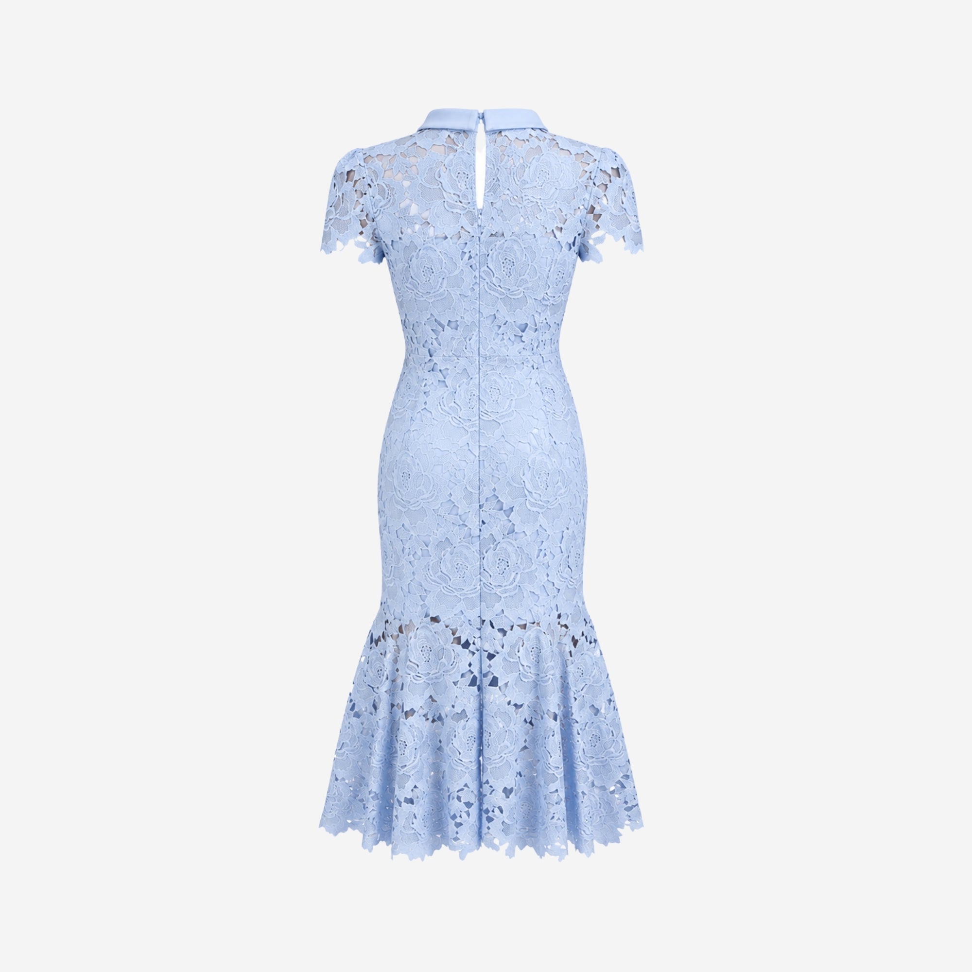 Studio flat lay image showing the hidden back zipper and keyhole closure of the light blue lace midi dress.