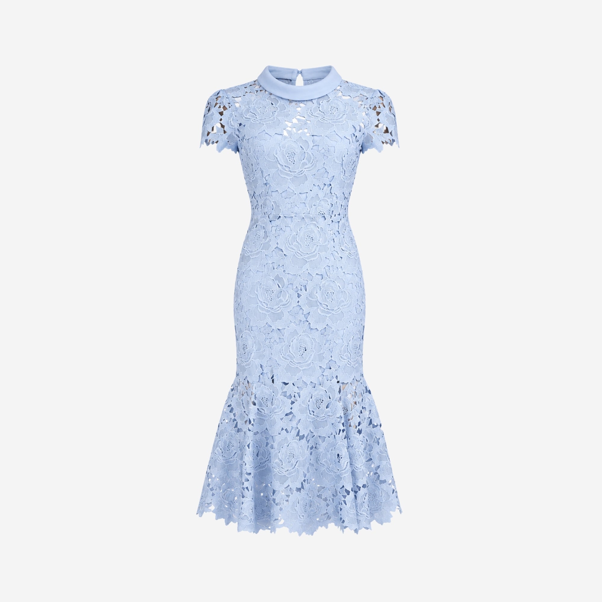Studio flat lay image of light blue high neck floral lace midi dress on white background.