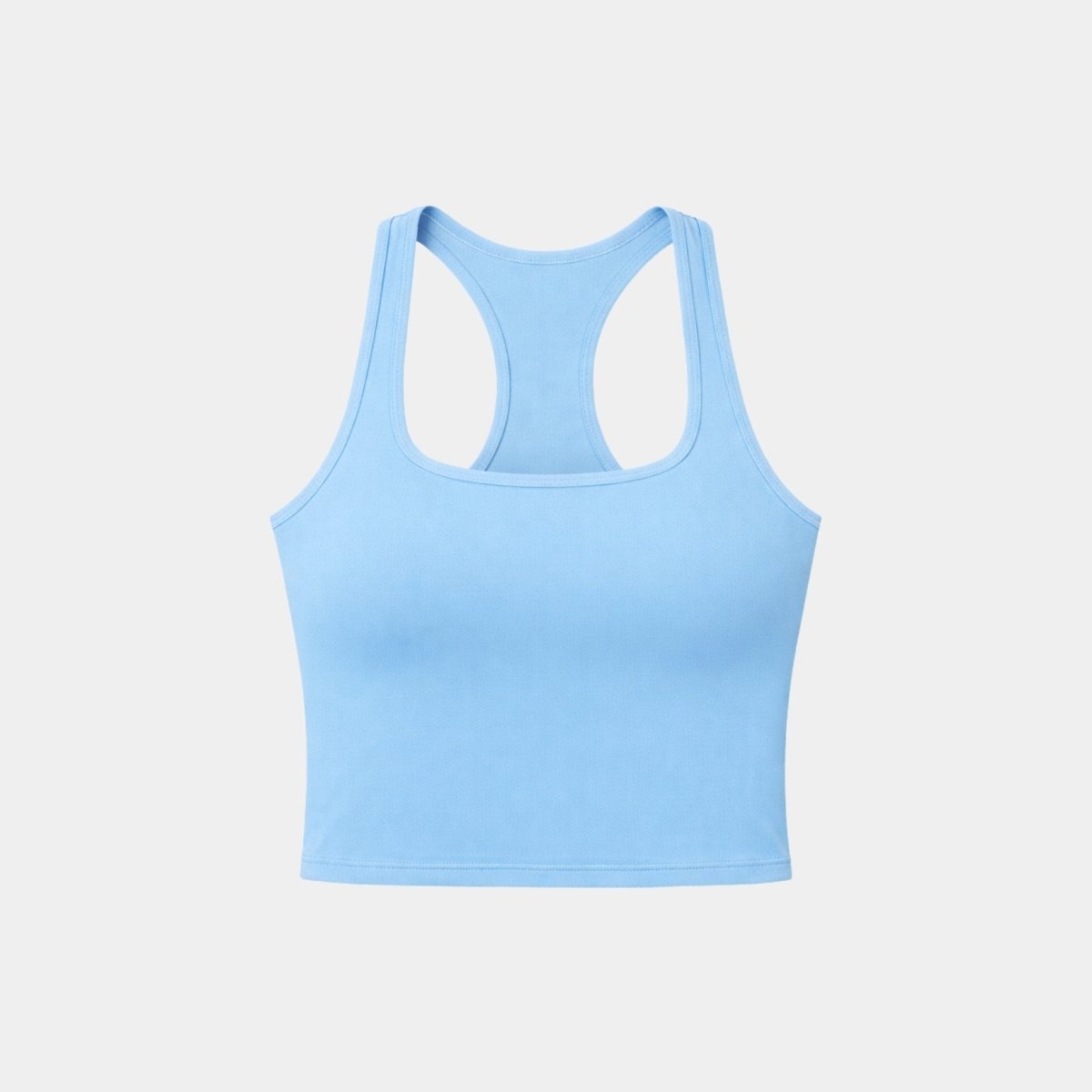 Flat lay front view of light blue ribbed scoop neck workout crop top