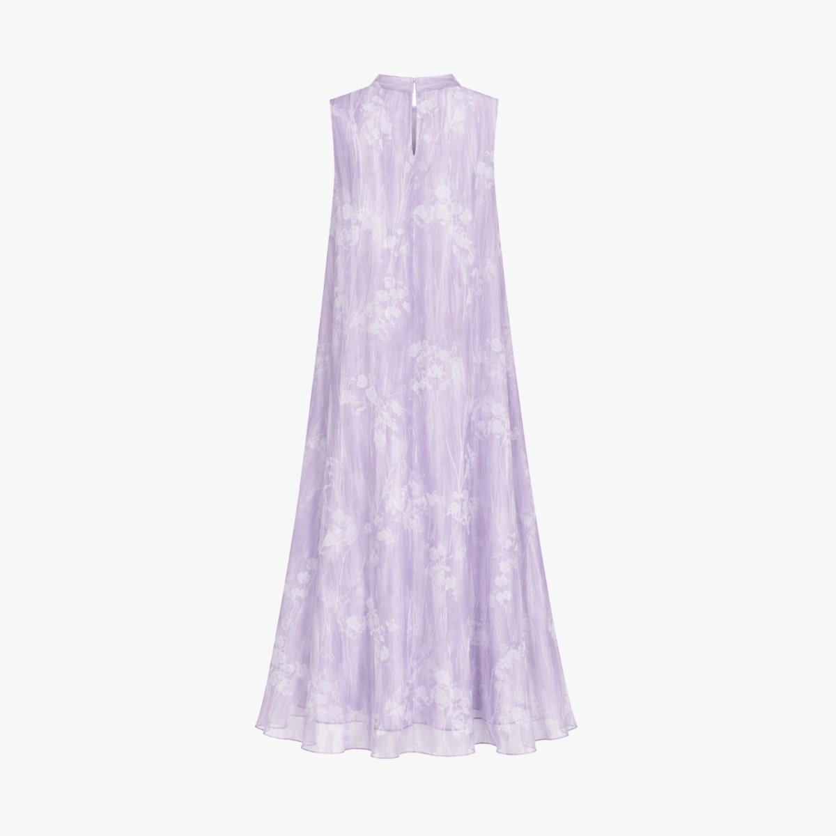 Back studio view of a luxury lavender sheer overlay sleeveless dress for women