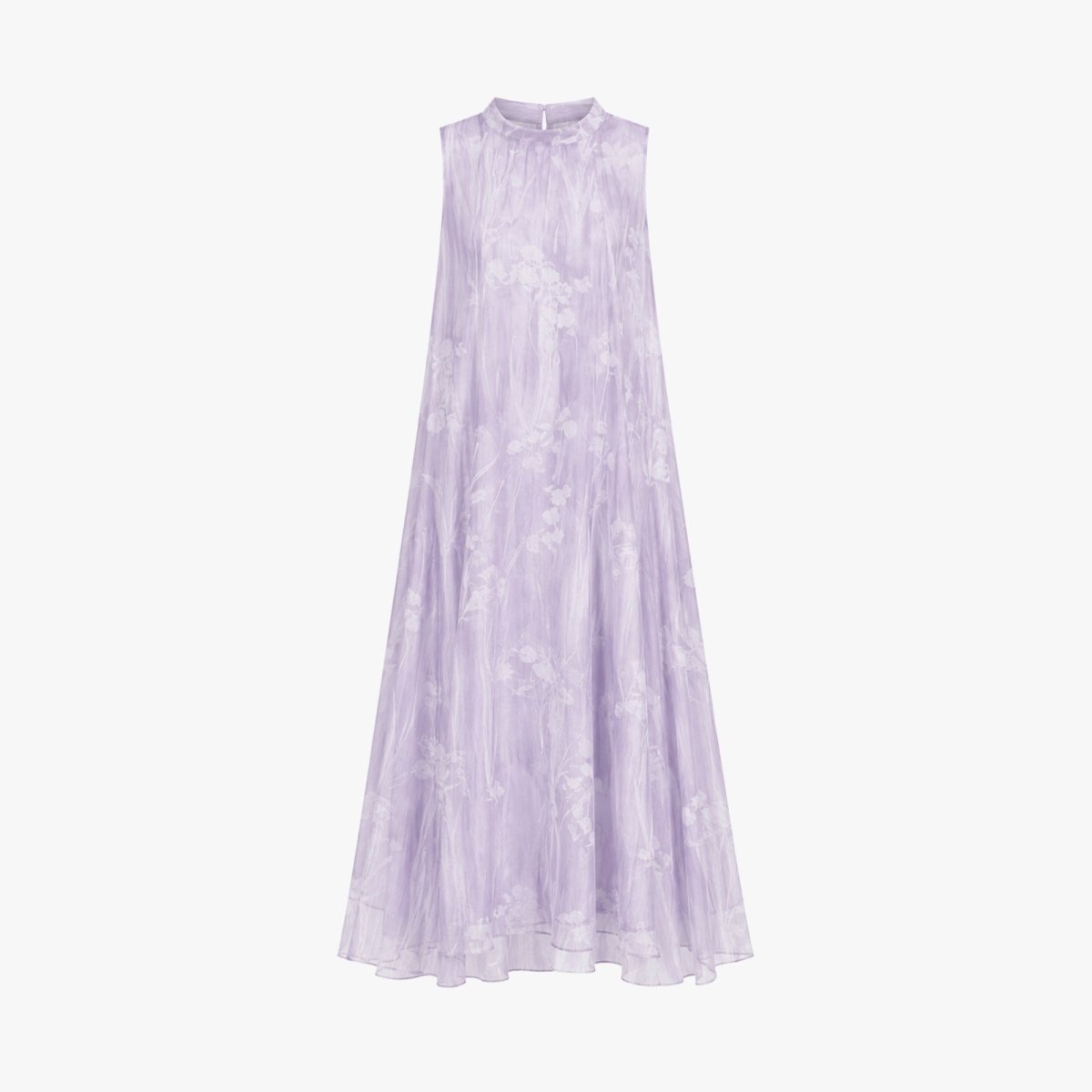 Front studio view of a lilac chiffon floral high neck sweeping long dress