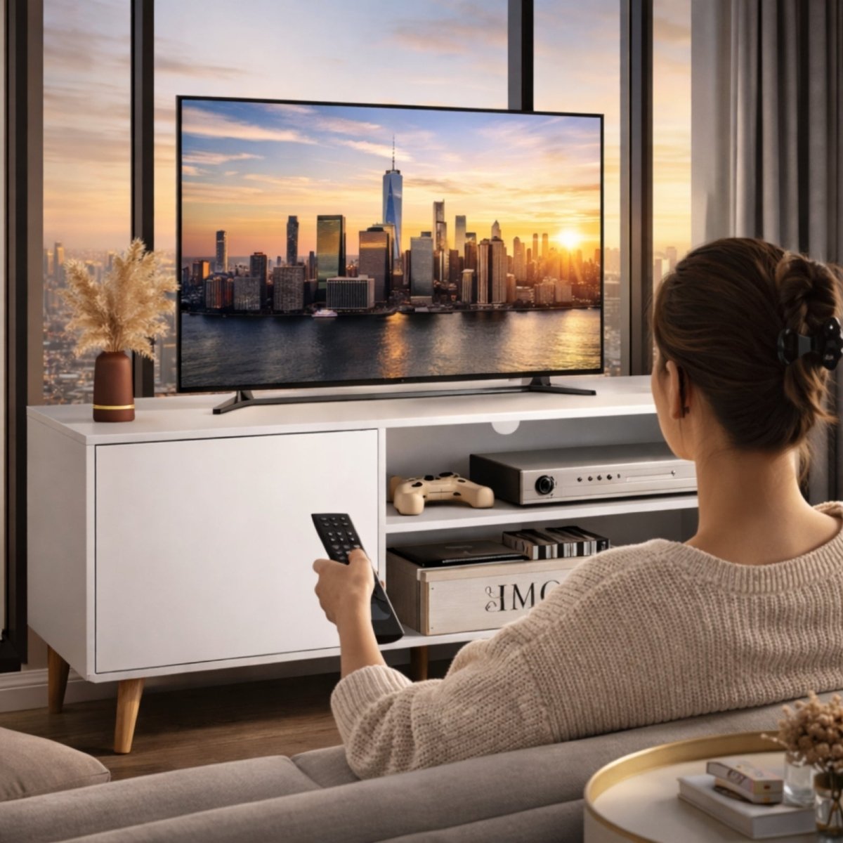 A woman relaxing on a sofa watching a large screen TV which sits on the white Kouvr Aalto media console in a modern apartment living room at sunset.