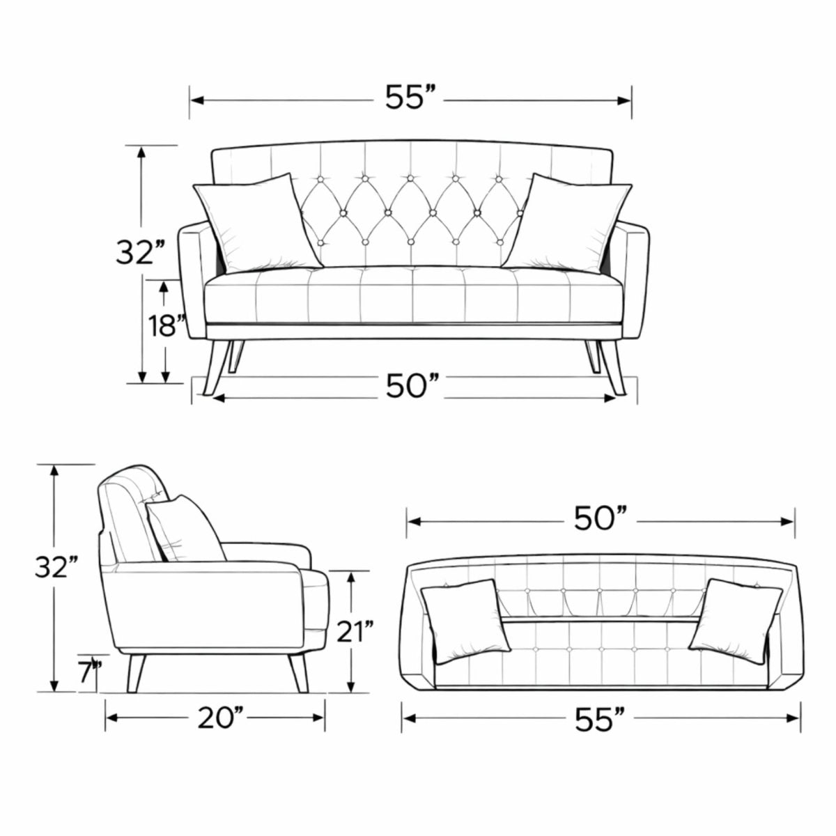 Detailed schematic diagram showing dimensions of the Celine loveseat, measuring 55 inches wide, 32 inches high, and 32 inches deep.