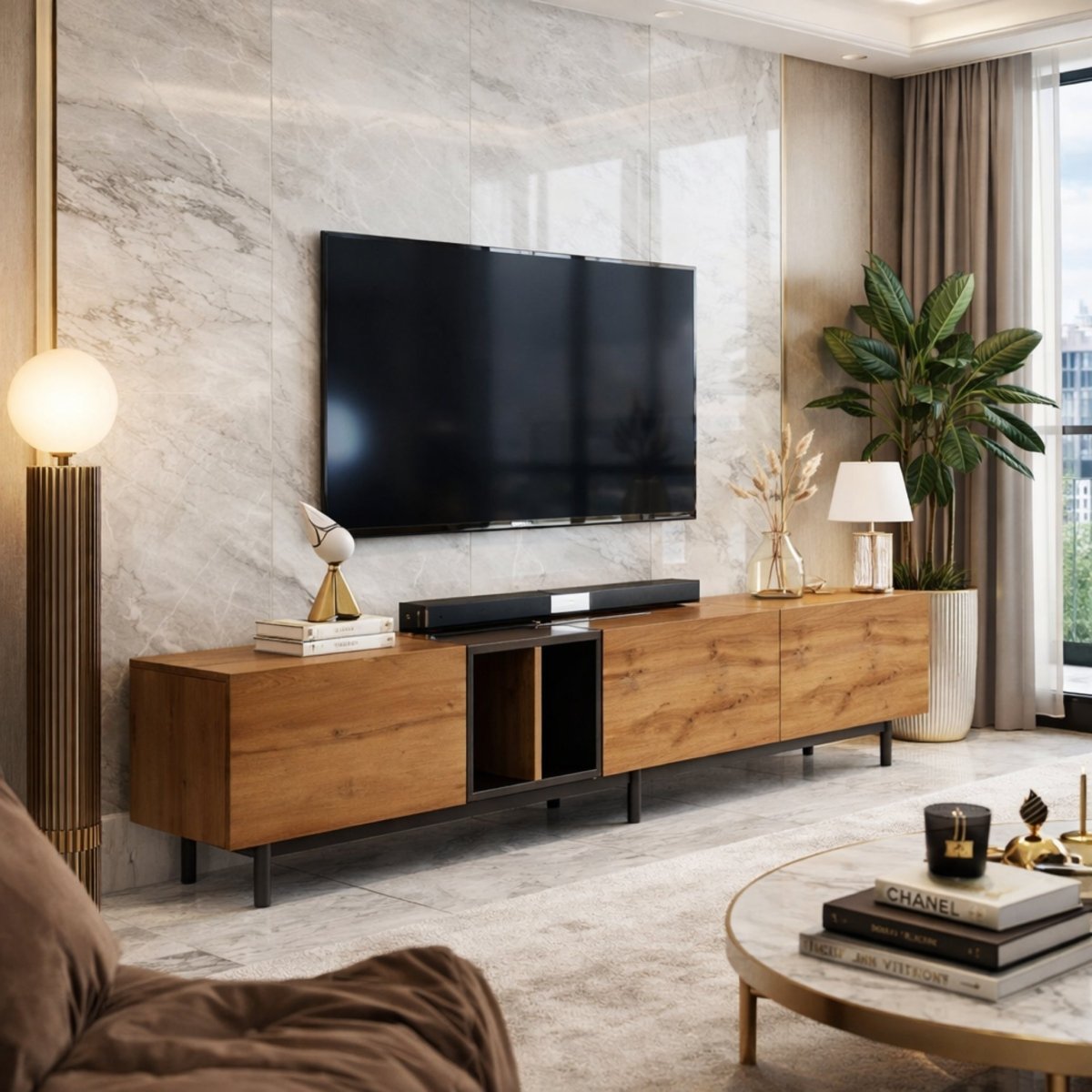 Close-up of the versatile storage space on the Kouvr wood media console, showcasing the premium metal hinges on the drop-down cabinet doors revealing ample room for books, gaming consoles, and home decor.