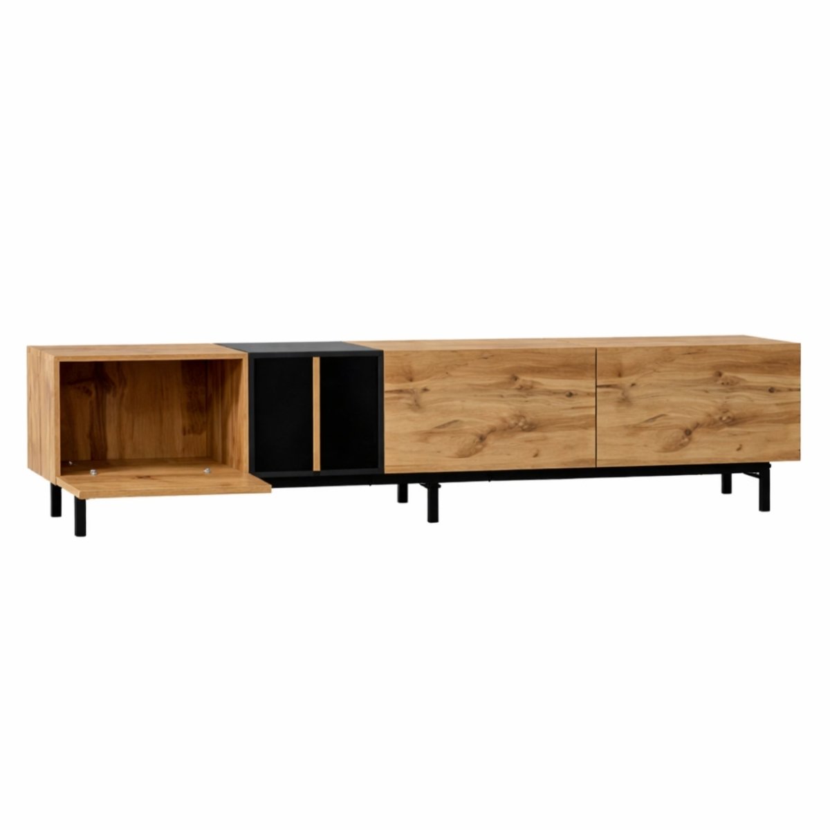 Close-up of the versatile storage space on the Kouvr wood media console, showcasing the premium metal hinges on the drop-down cabinet doors revealing ample room for books, gaming consoles, and home decor.