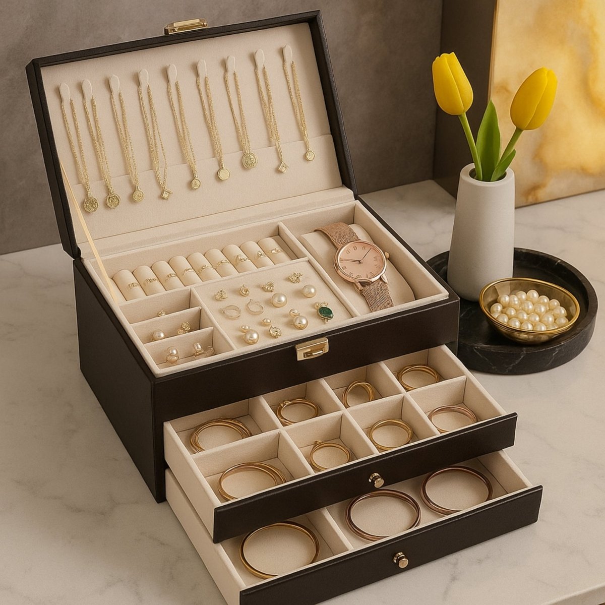 Open black and cream 3-layer jewelry boxes displayed on a marble table, filled with gold necklaces, rings, and earrings.