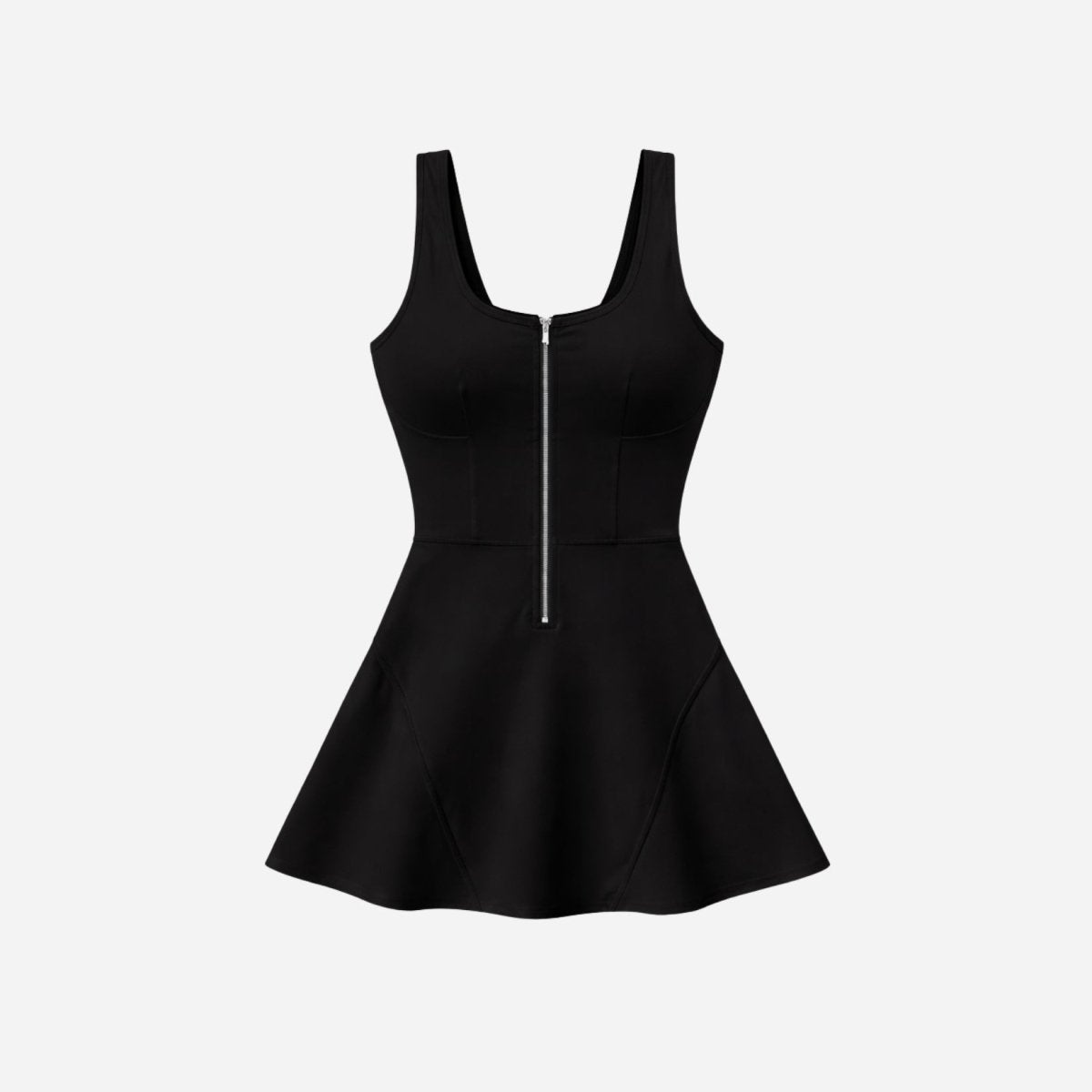 Ghost mannequin front view of black front zip activewear dress with scoop neck and princess seams