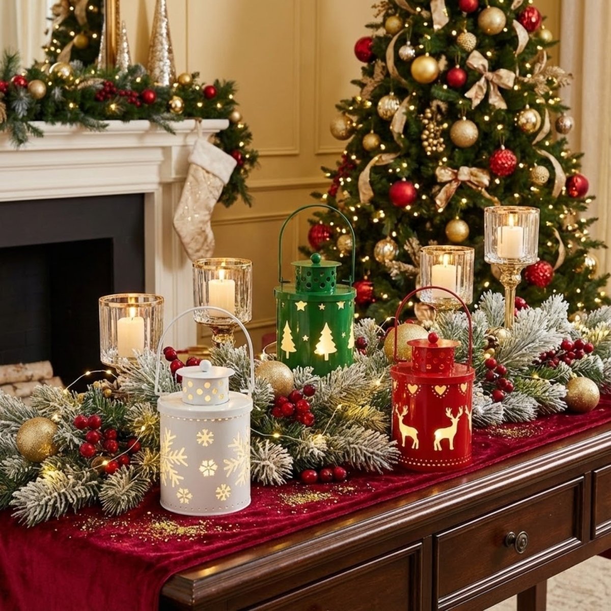 Festive holiday centerpiece with red, green, and white lanterns nestled in frosted greenery and large gold baubles in front of a decorated Christmas tree.