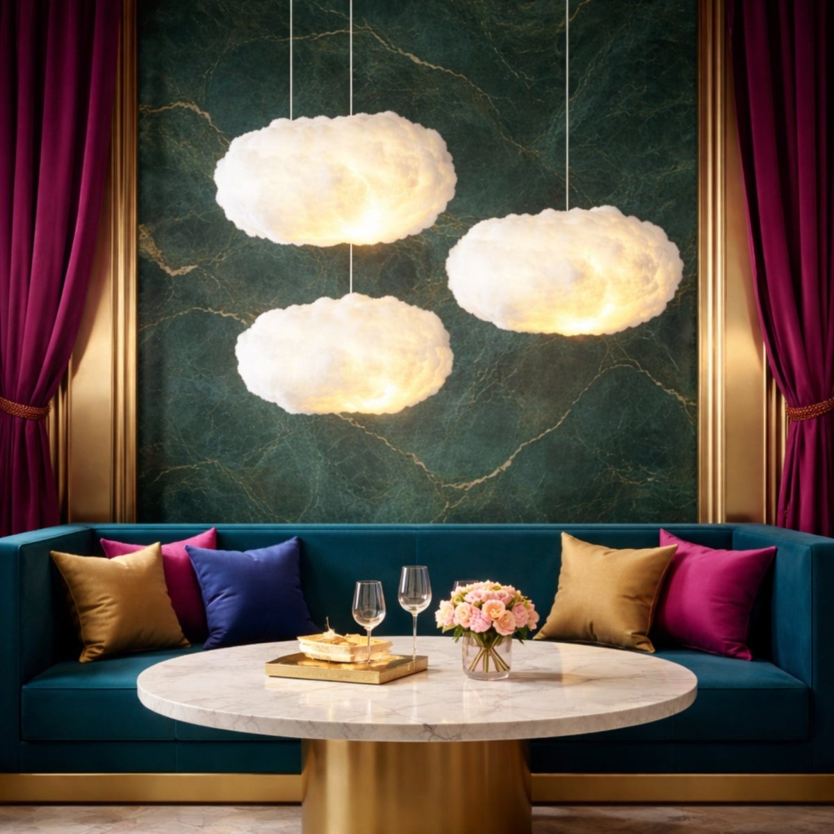 Cloud pendant lights styled in a luxury room with emerald green marble walls, velvet furniture, and gold trim.