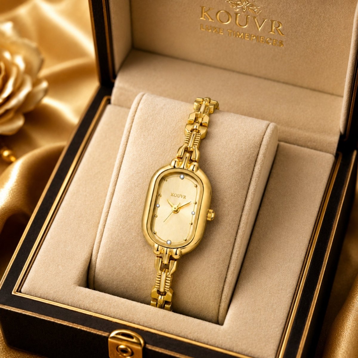 Kouvr vintage gold women's watch resting in a premium luxury velvet presentation gift box