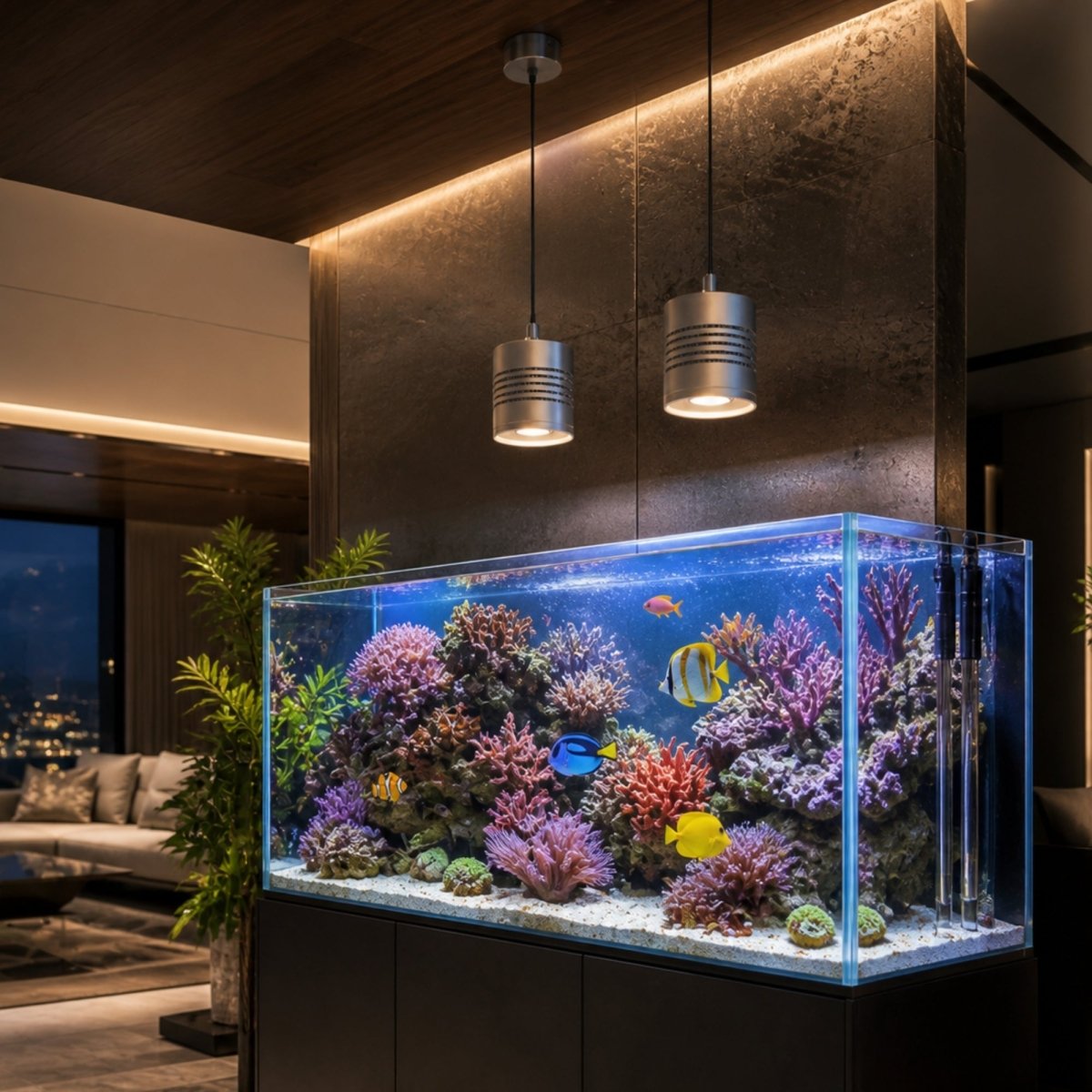 Modern luxury living room featuring a large, colorful saltwater reef aquarium illuminated by two elegant Kouvr pendant LED lights.