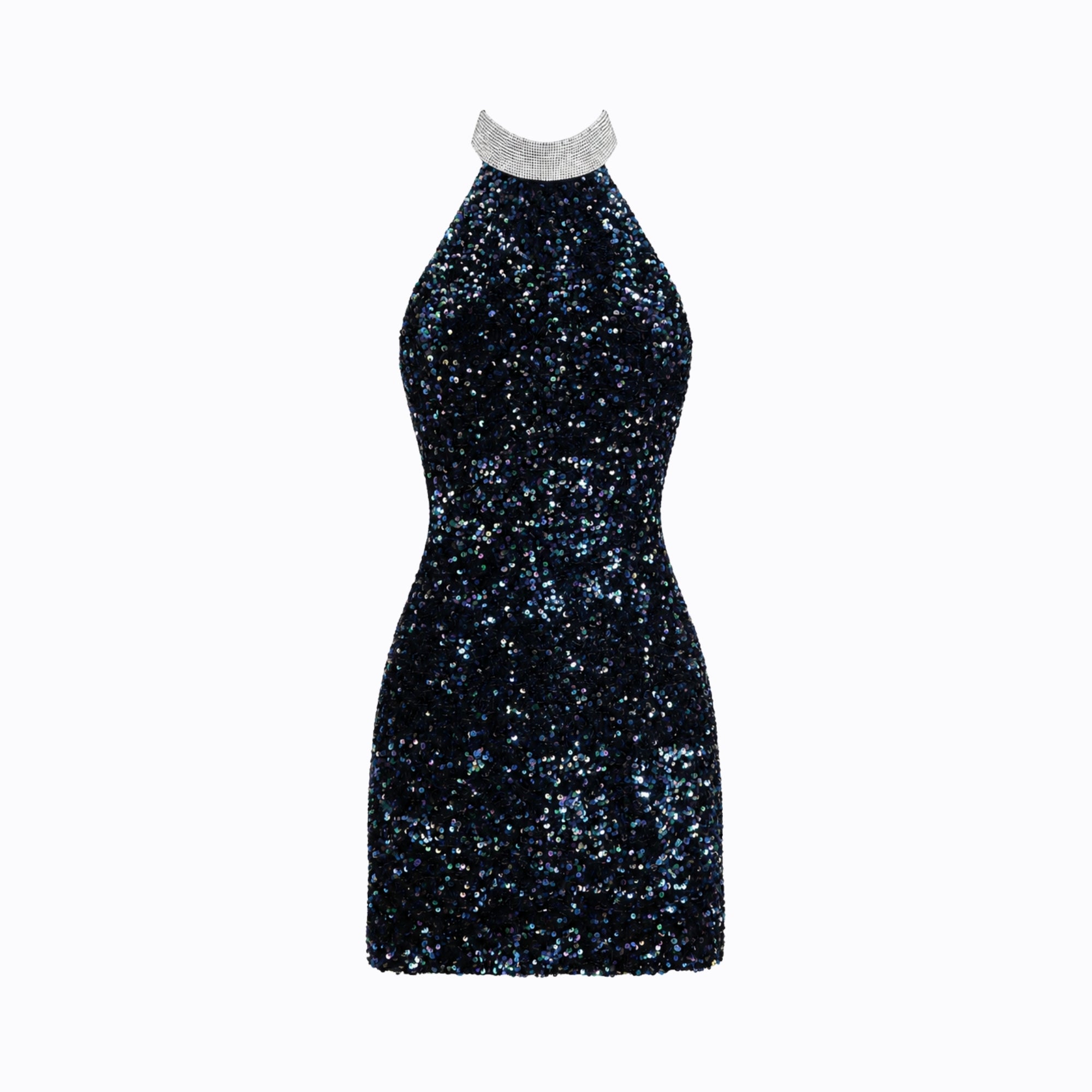 Flat lay front view of the Kouvr midnight dark blue sequin halter mini dress featuring a thick crystal embellished collar.