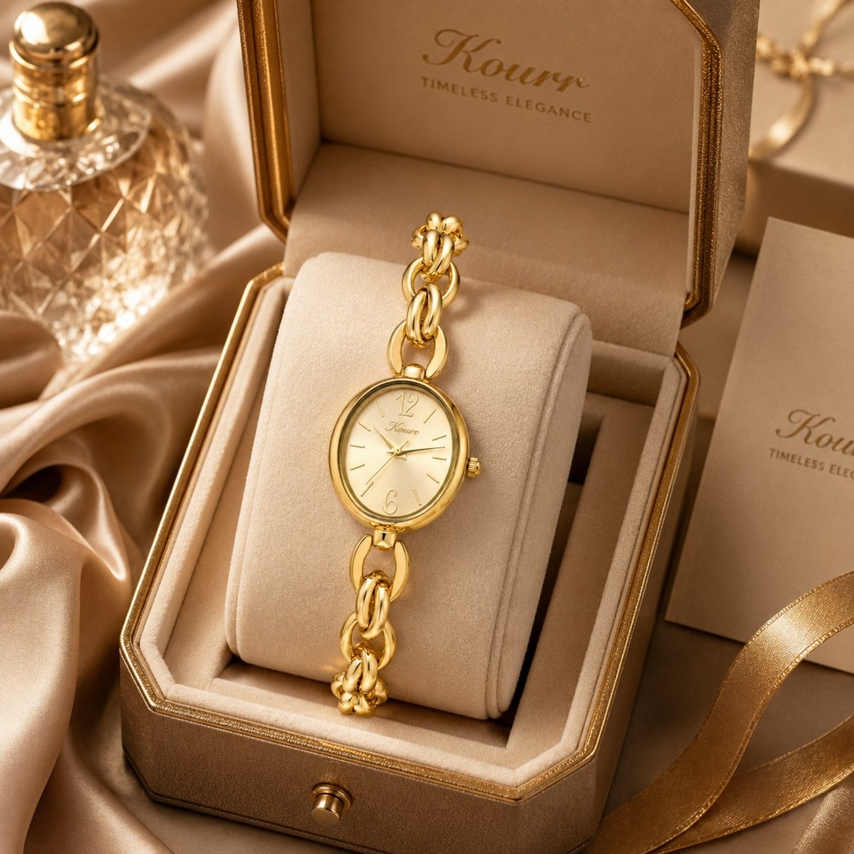 Kouvr gold women's watch displayed elegantly in a luxury beige velvet cushioned gift box