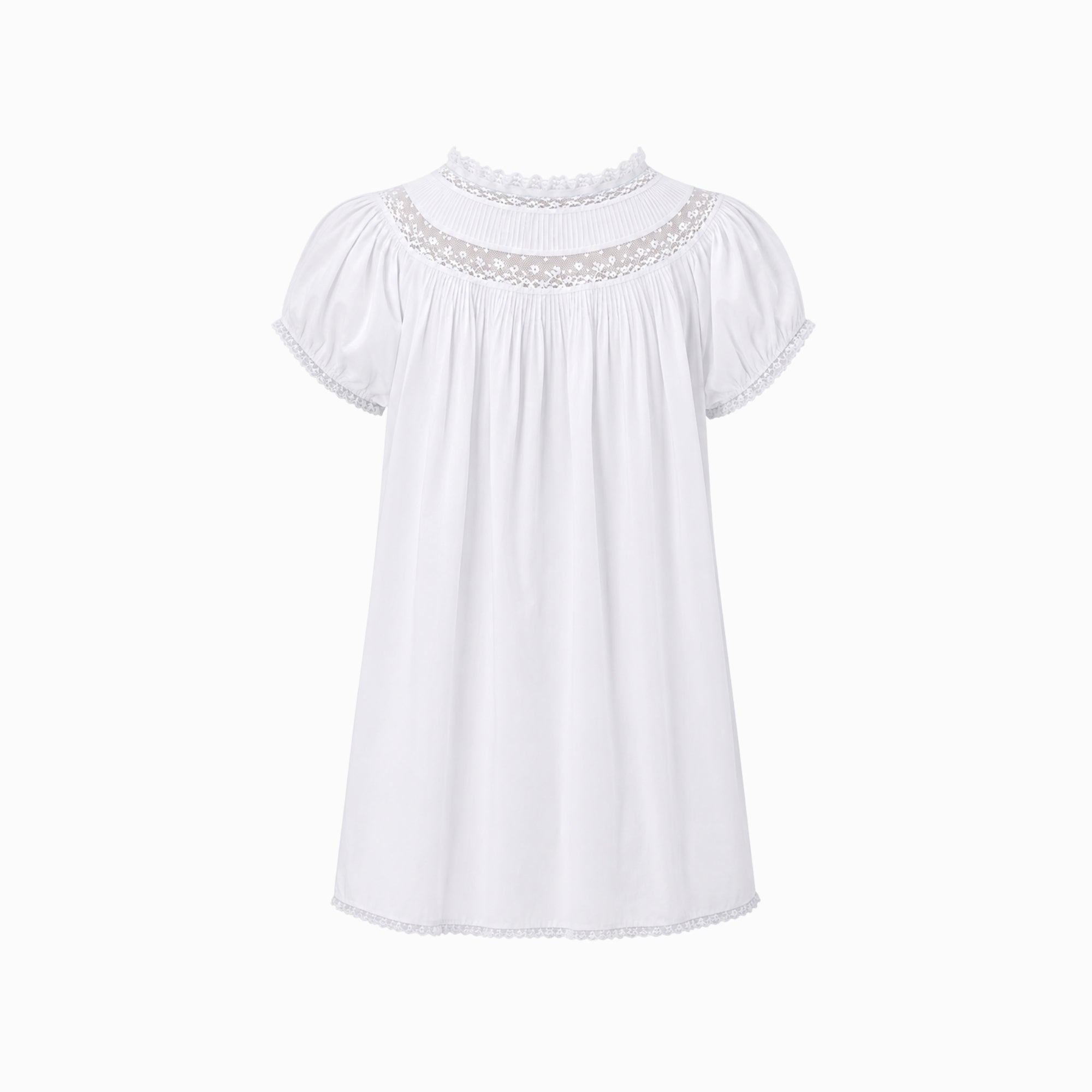Back flat view of white puff sleeve mini dress highlighting delicate lace collar and back pleating.