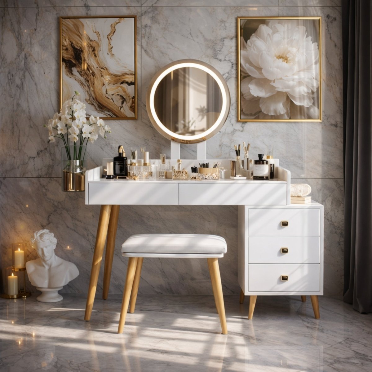 Front view of the Kouvr white dressing table showcasing five storage drawers, angled wooden legs, and an illuminated touchscreen mirror.