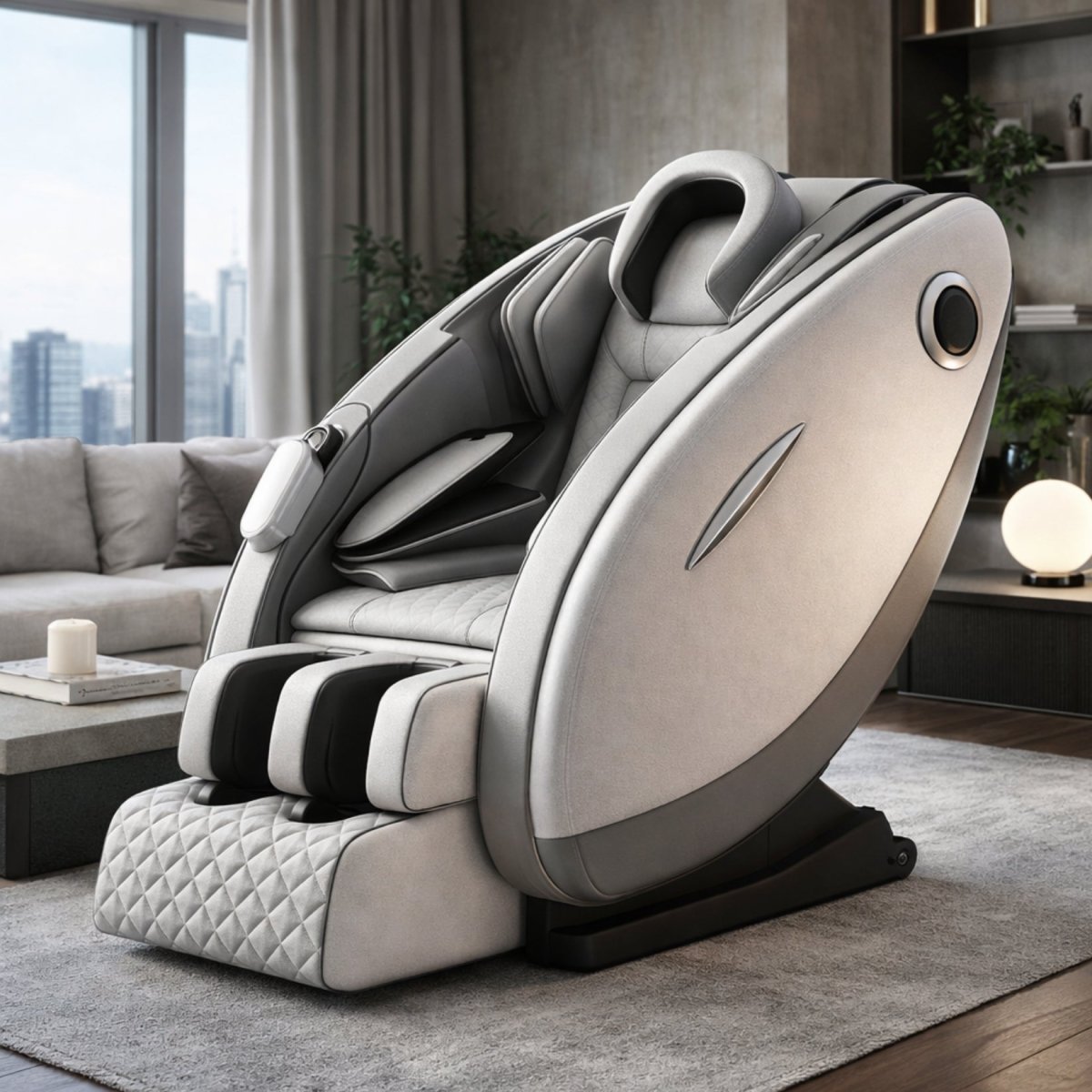 Kouvr luxury white zero gravity massage chair with diamond quilting positioned in a modern, sunlit living room setting.