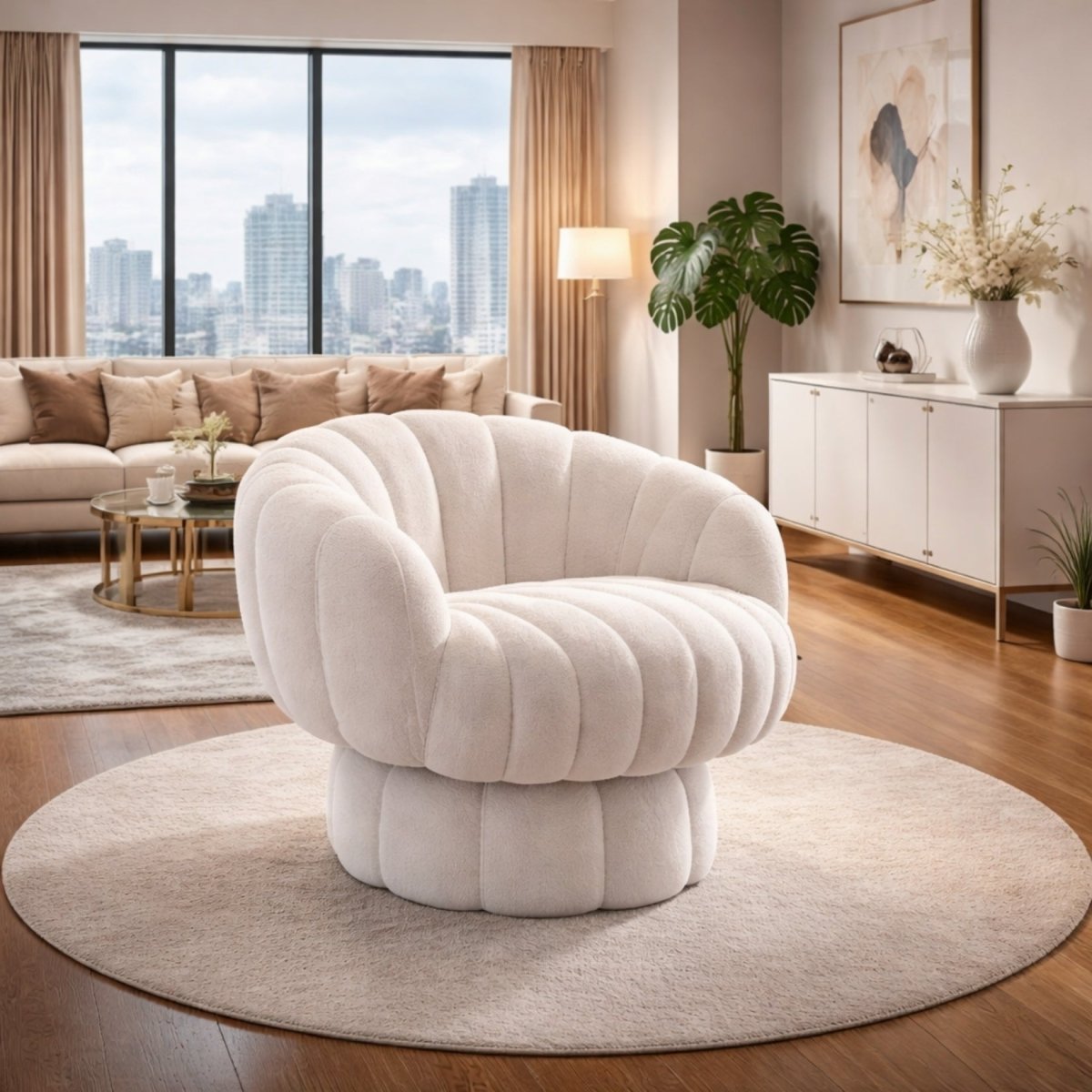 Luxury white pumpkin style accent chair with a solid swivel base in a bright neutral living room.