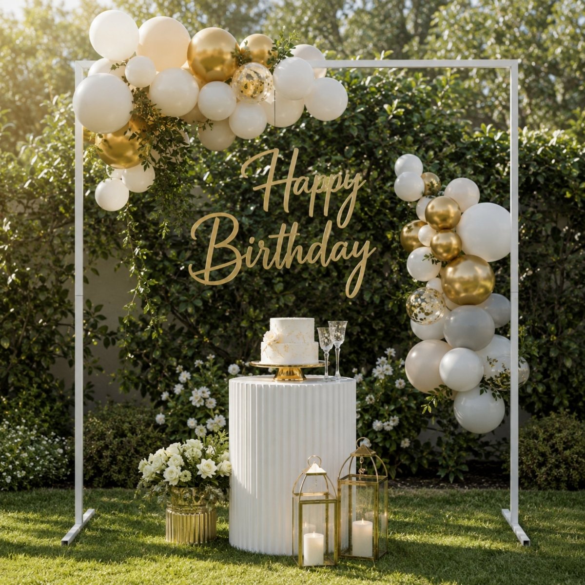 White metal square arch decorated with gold and white balloons functioning as a sophisticated birthday party backdrop by Kouvr.