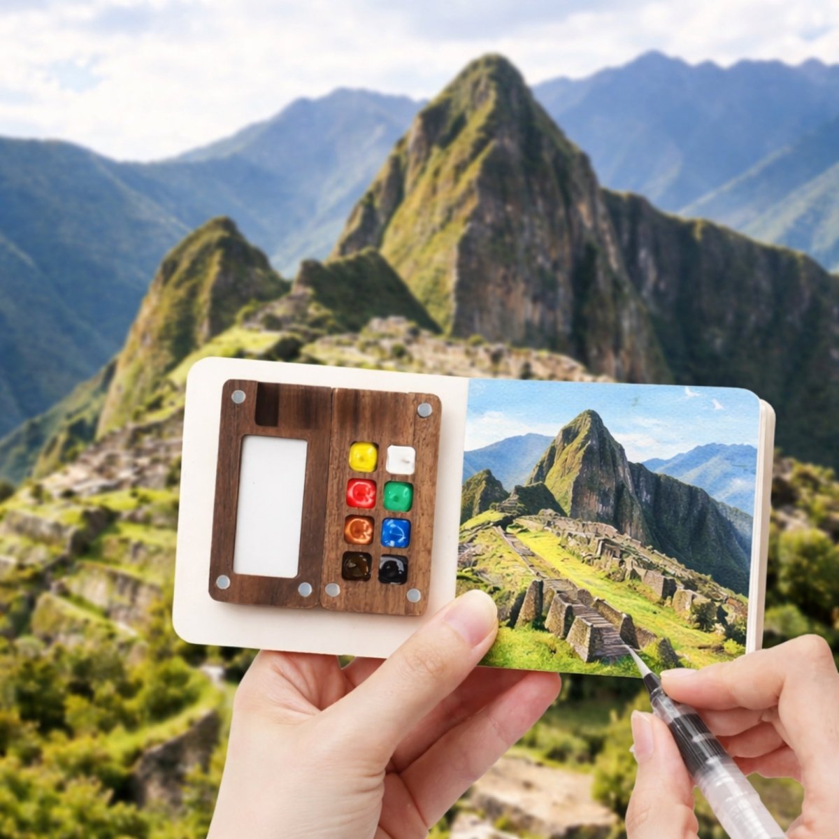 Close-up of an open travel watercolor set being used to paint a detailed miniature illustration of Machu Picchu, held against the backdrop of the actual Andean mountains.