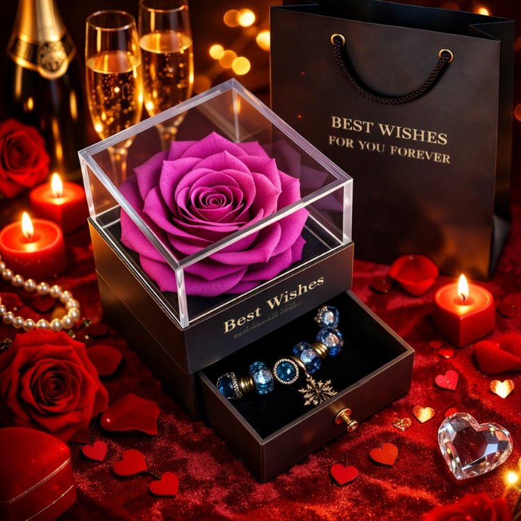 Vibrant magenta purple preserved eternal rose in a rotating jewelry box for Valentine's Day.