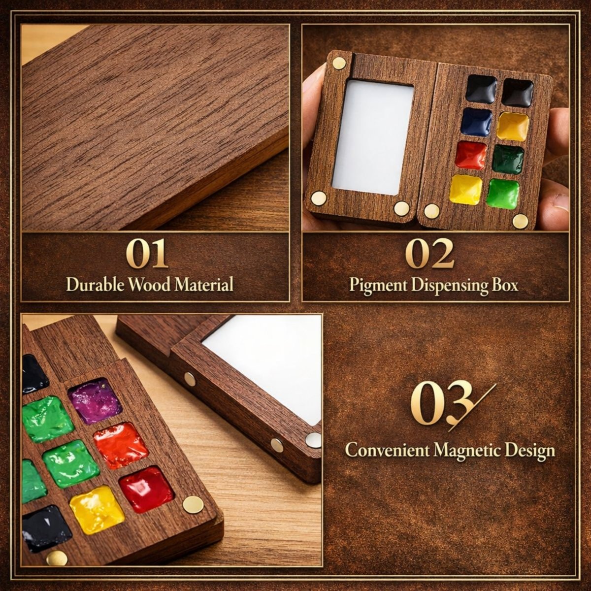 Multi-panel graphic highlighting key features of the wooden travel palette: the durable wood material, the pigment dispensing box, and the convenient magnetic closure.