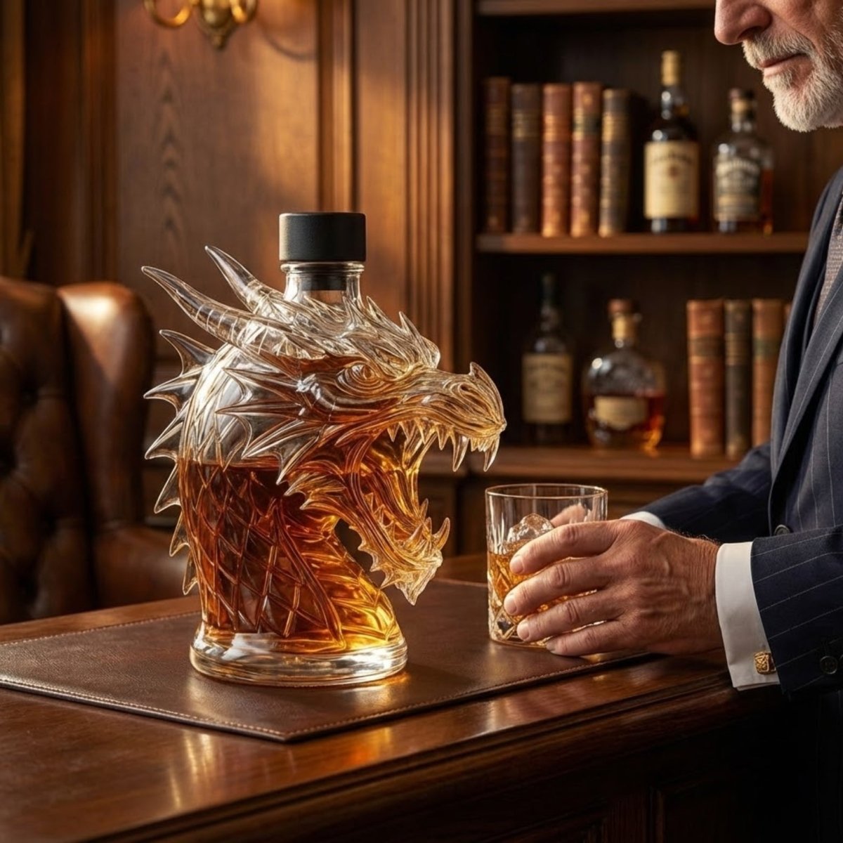 * A distinguished man in a suit holding a glass of whiskey, with the Kouvr crystal dragon decanter prominently displayed on his desk as a luxury gift.
