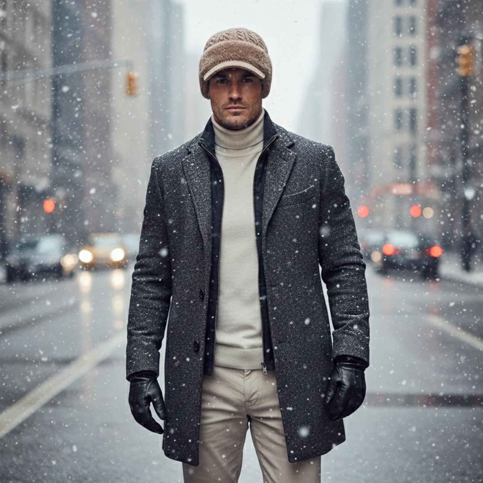 Stylish man wearing a taupe brown Kouvr Aspen trapper hat with a grey wool coat in a snowy urban street.