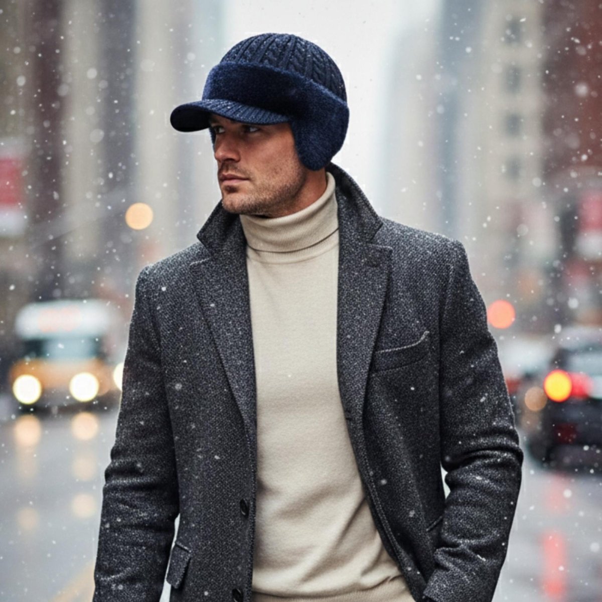 Stylish man wearing a Kouvr navy blue trapper hat with a grey overcoat and turtleneck while walking in a snowy city, showcasing its urban fashion appeal.