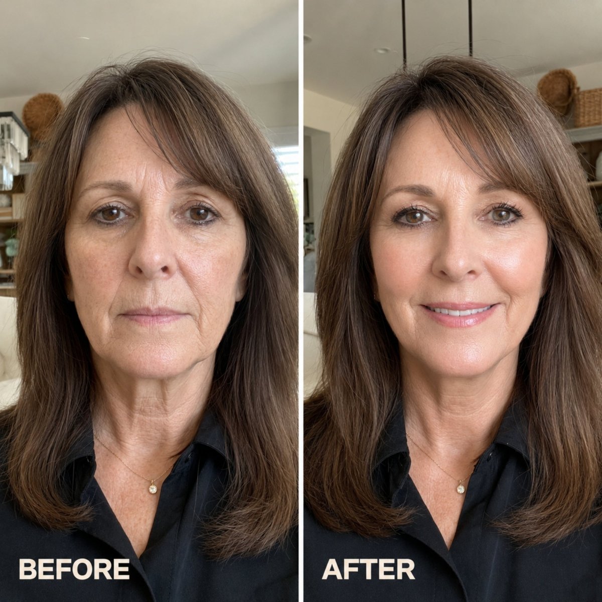 Before and after split screen showing a middle-aged woman with fine lines transformed by full coverage moisturizing foundation for a flawless matte finish.