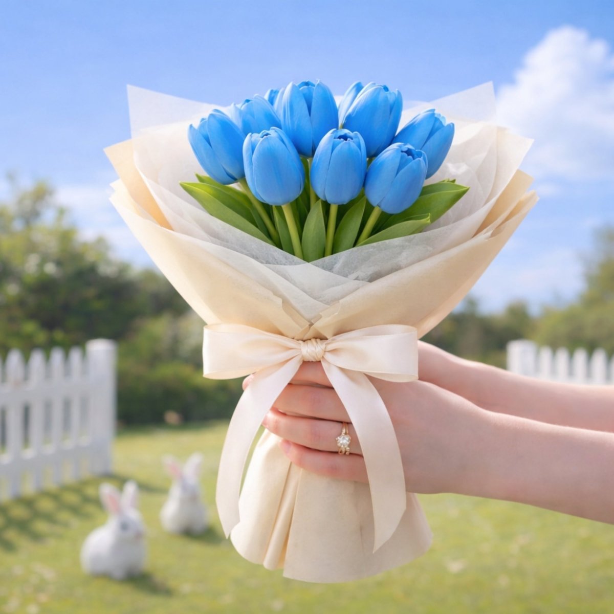 Medium hand-tied bouquet of realistic artificial light blue tulips with realistic green stems. Features a grassy backyard.
