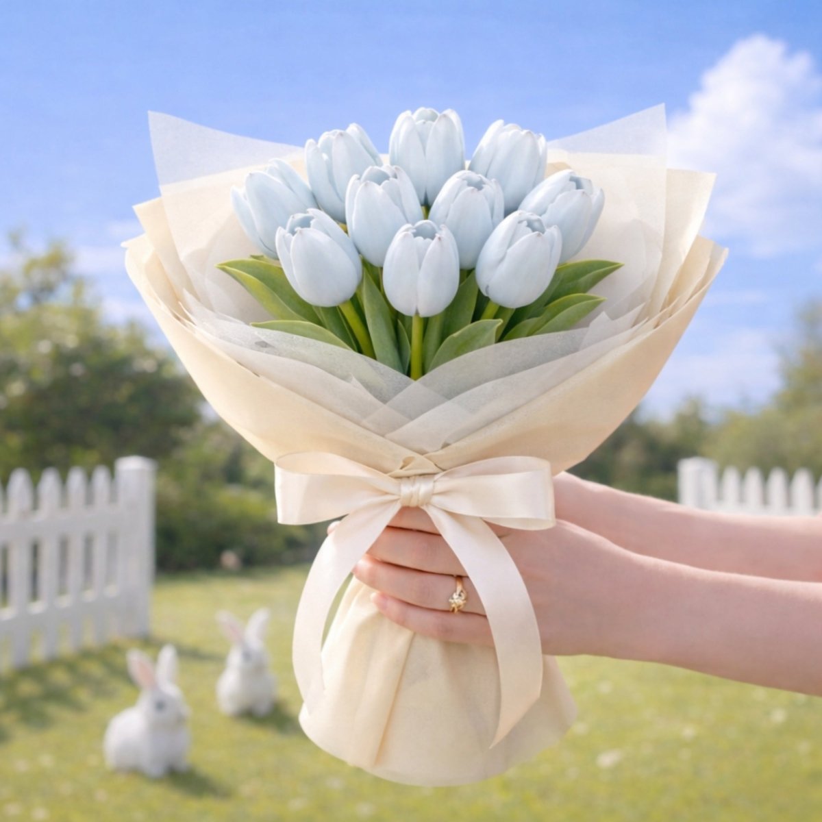Medium hand-tied bouquet of realistic artificial light blue tulips, held by hands, tied with a large cream ribbon. Features a grassy backyard with a picket fence.