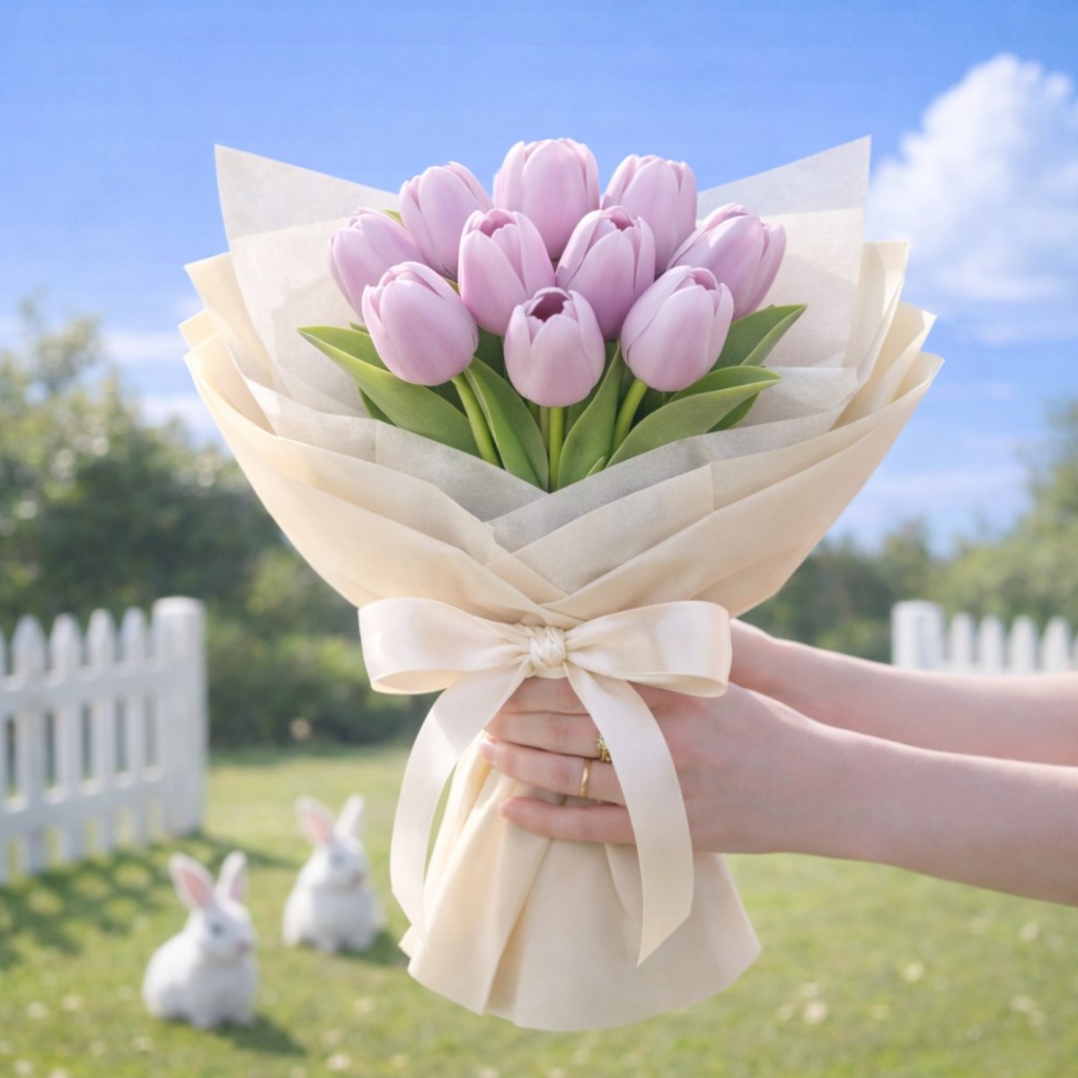 Medium hand-tied bouquet of realistic artificial light lilac tulips with realistic green stems. Features a grassy backyard.