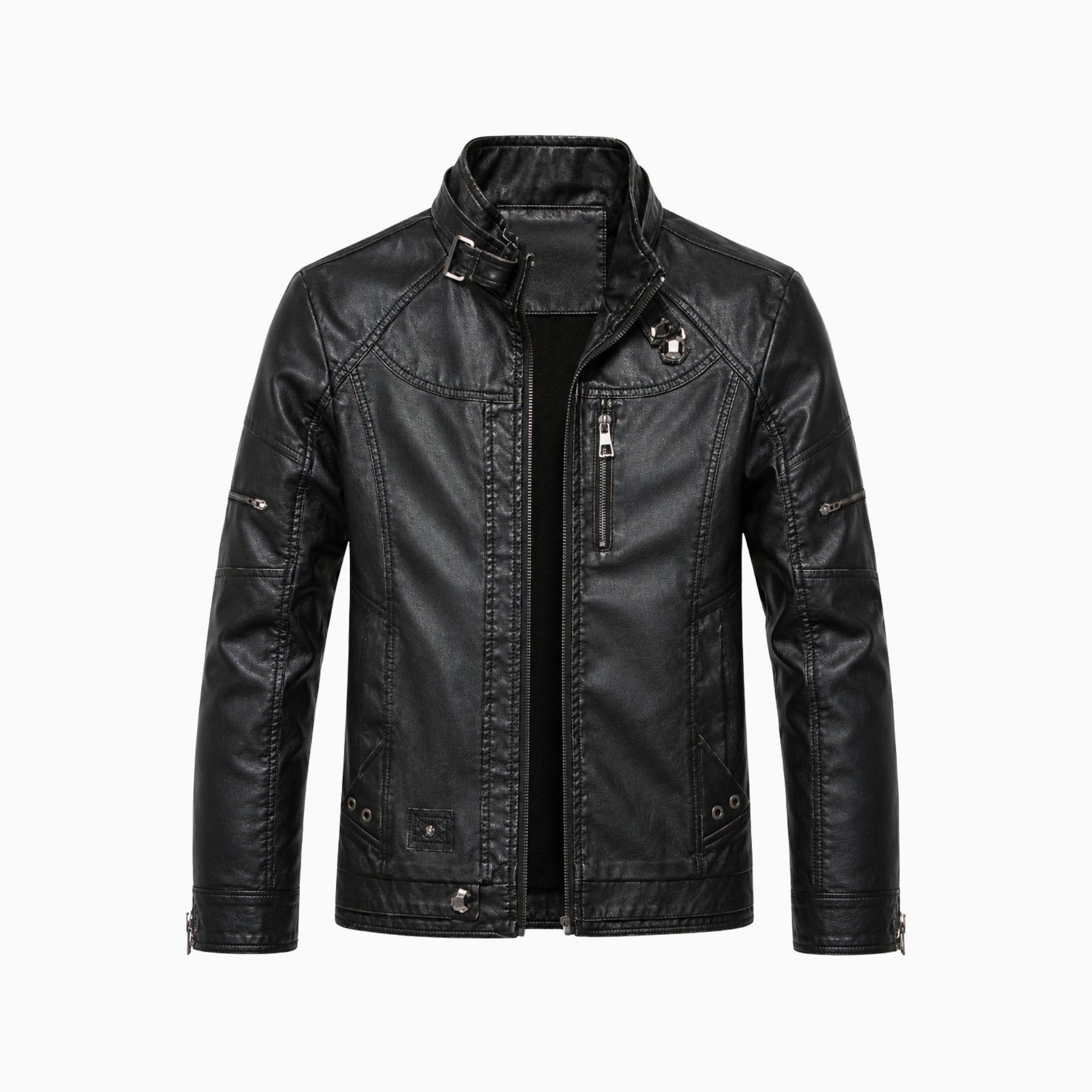 Flat product shot of Kouvr mens black zip up moto jacket showing chest zippers and snap details.