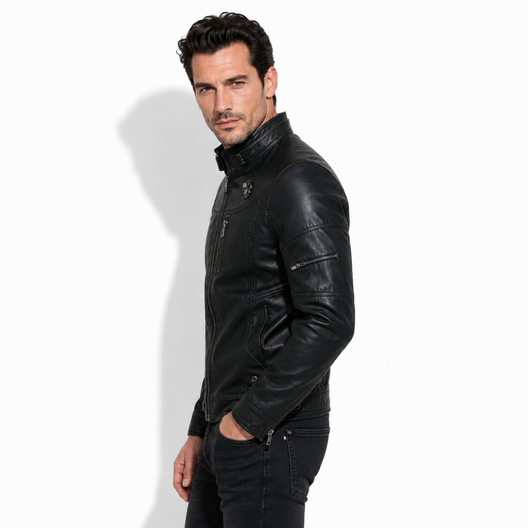 Side angle of mens black slim fit biker jacket with adjustable buckle stand collar by Kouvr.