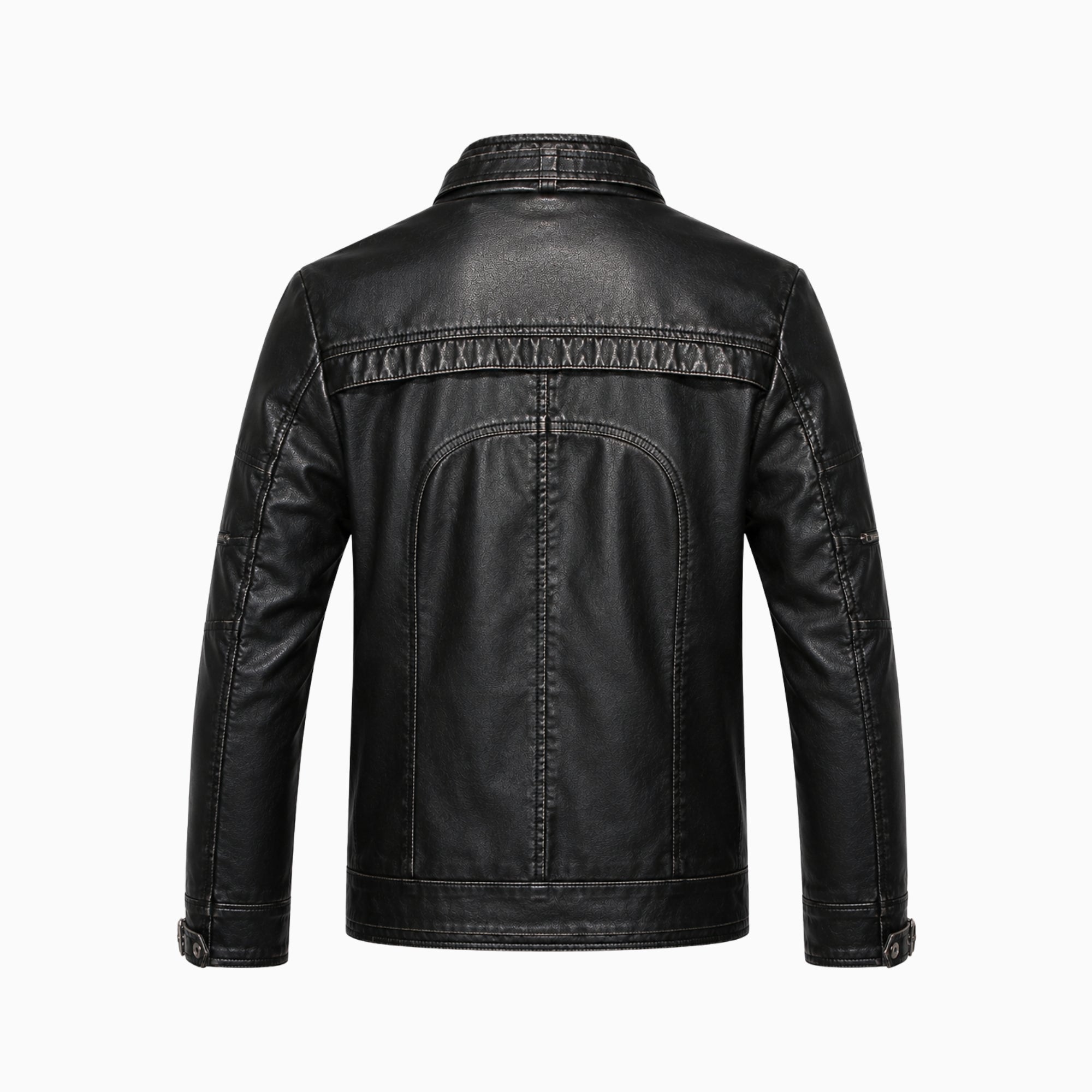 Back view product shot of mens black leather cafe racer jacket detailing structural seams.