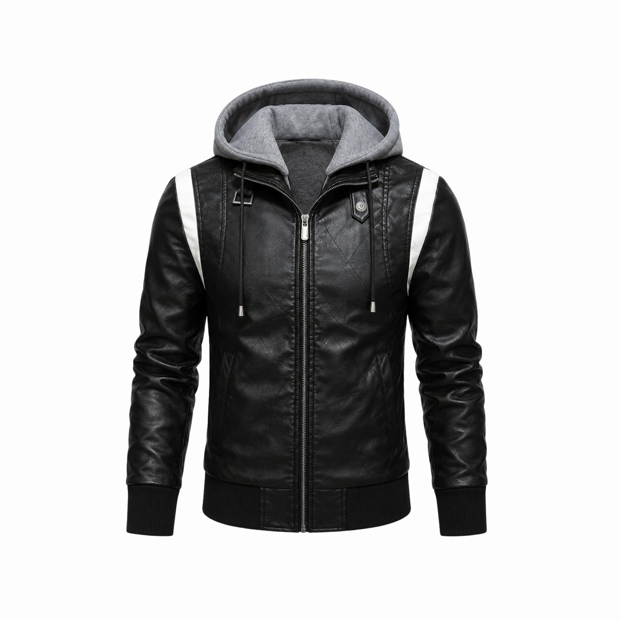 Flat lay front view of the Kouvr black hooded leather jacket highlighting the industrial zippers and ribbed cuffs.