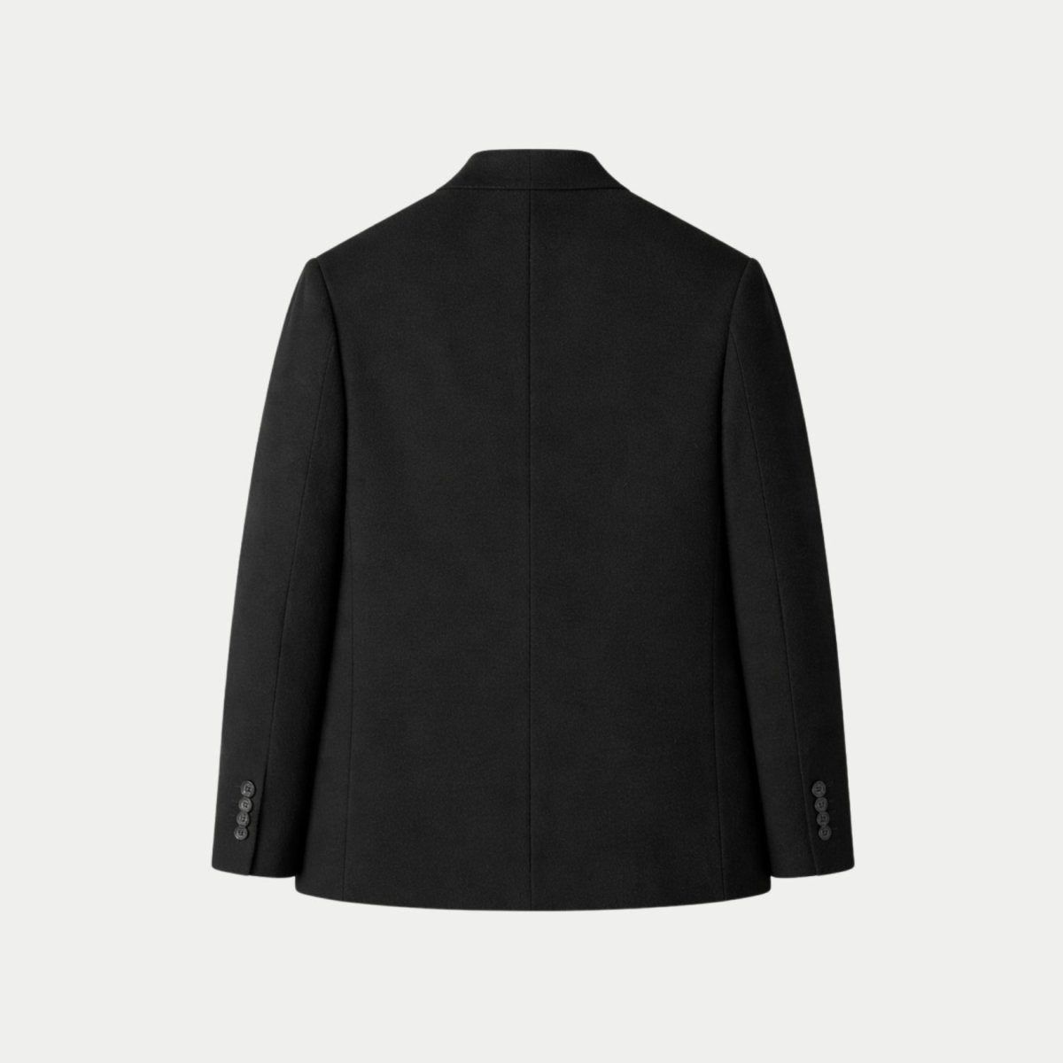 Back flat lay ghost mannequin view of men's black wool tailored suit jacket outerwear.