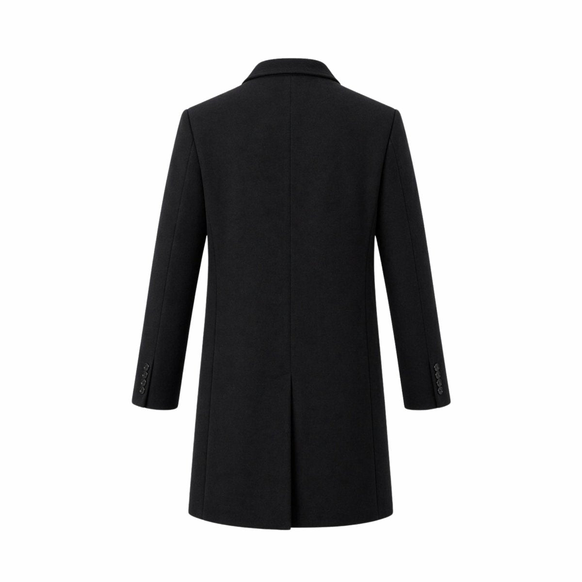 Ghost mannequin back view of men's black formal winter topcoat highlighting the center vent and structured seams.