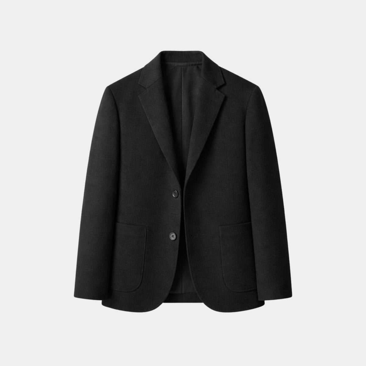Front flat lay ghost mannequin view of men's black two button tailored blazer with patch pockets.