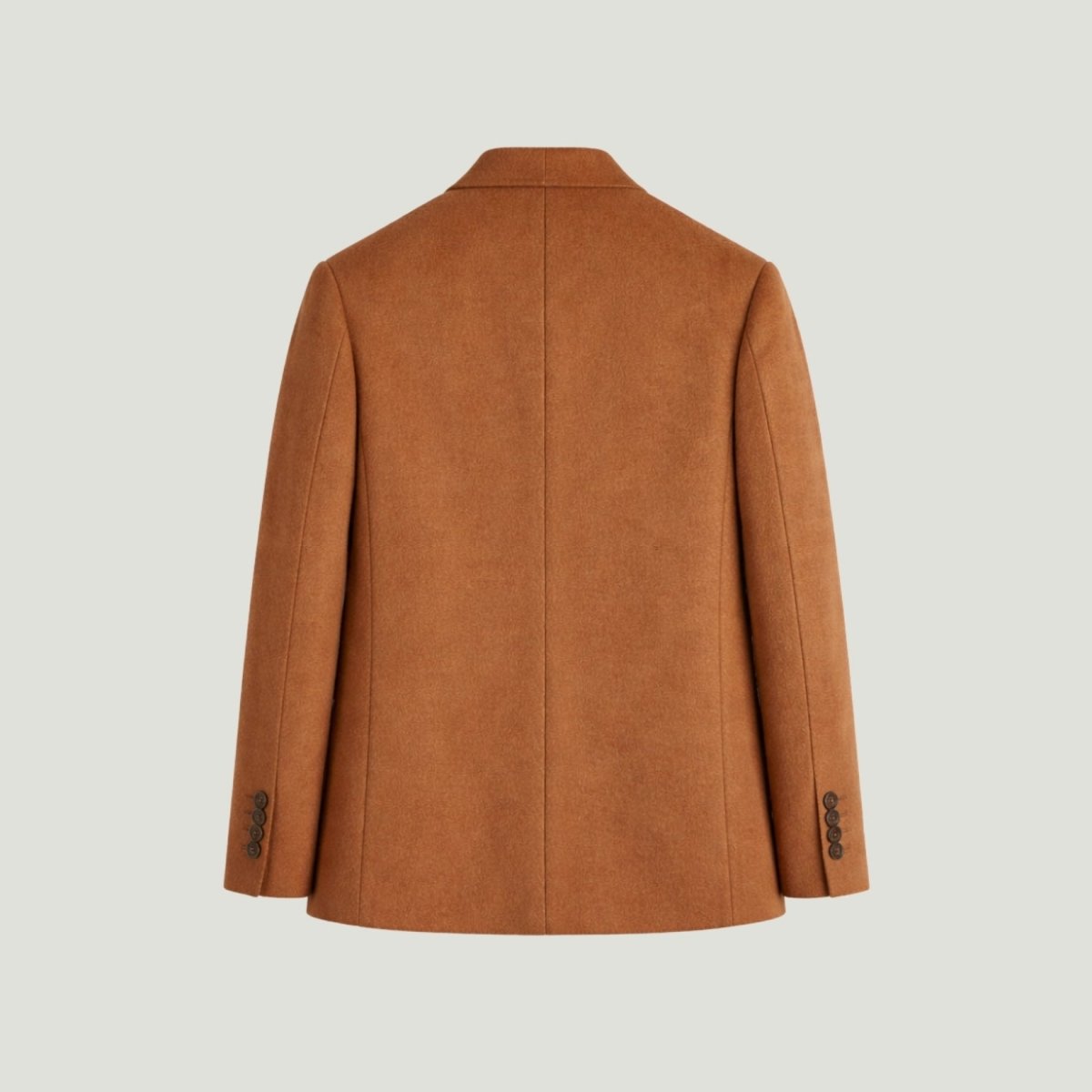 Flat lay back view of the Kouvr mens camel tailored jacket showing rear vents