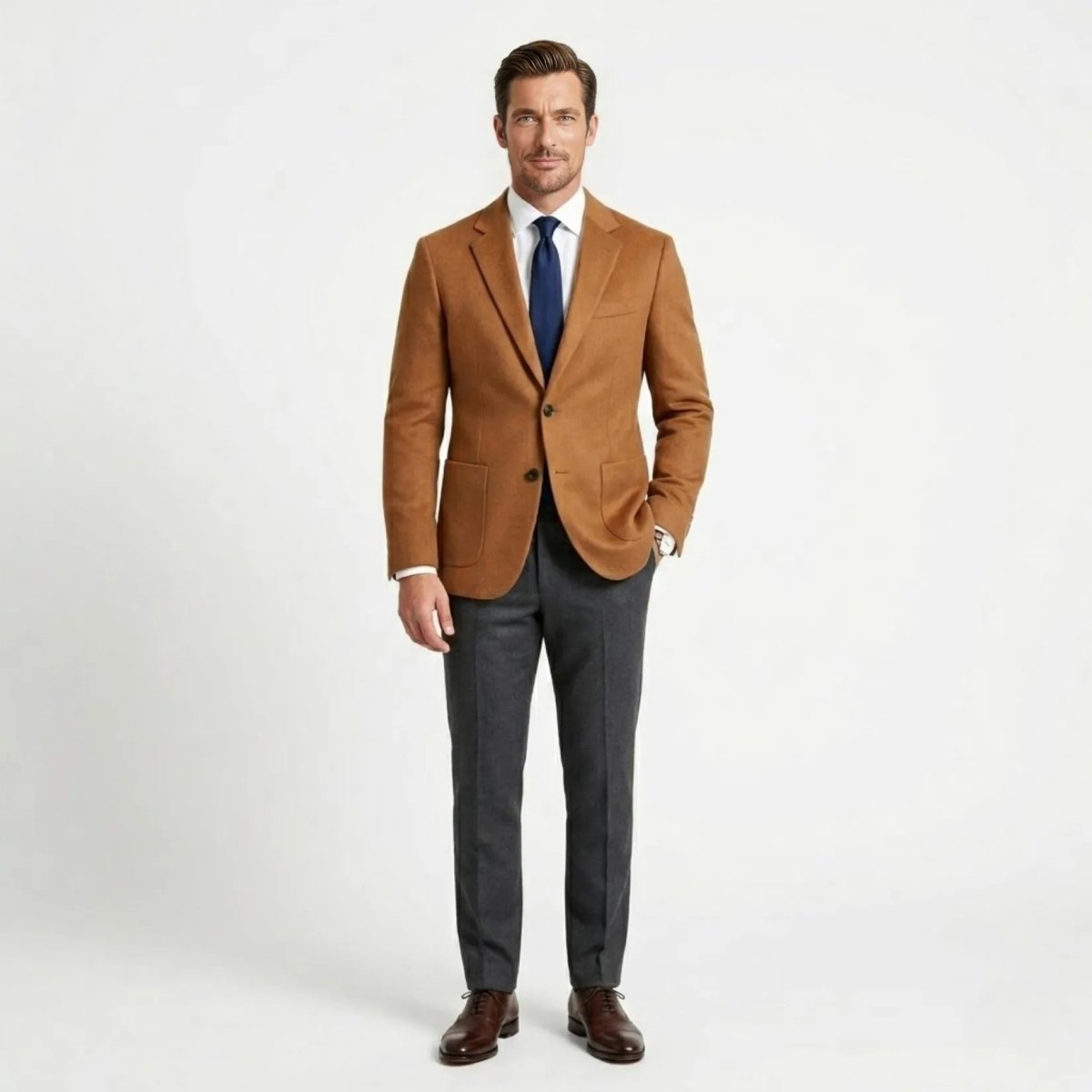 Male model styling the Kouvr camel wool sport coat with grey trousers and navy tie