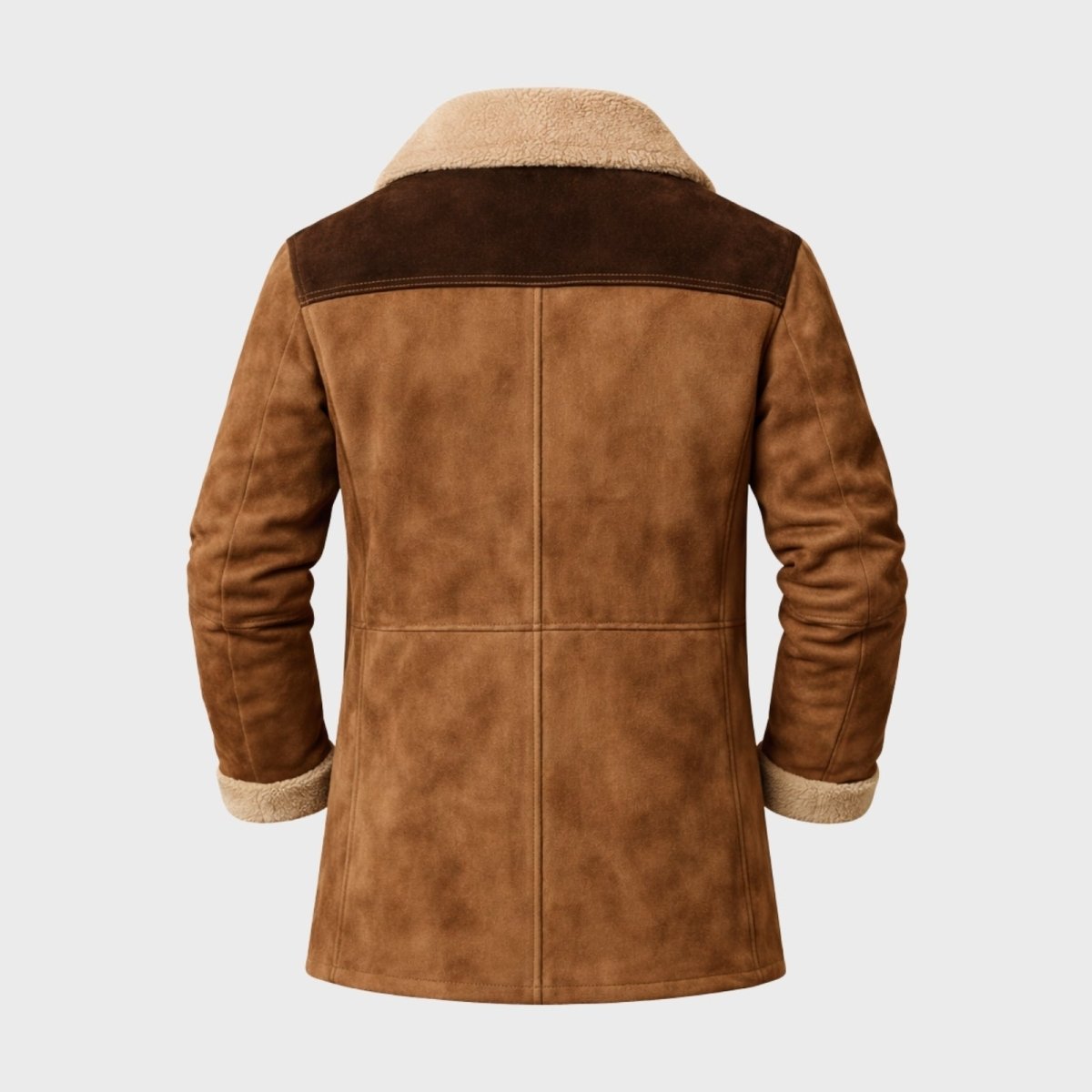 Product-only shot of the back of the Kouvr Porter Suede Shearling Jacket showing its panel construction and yoke detail.