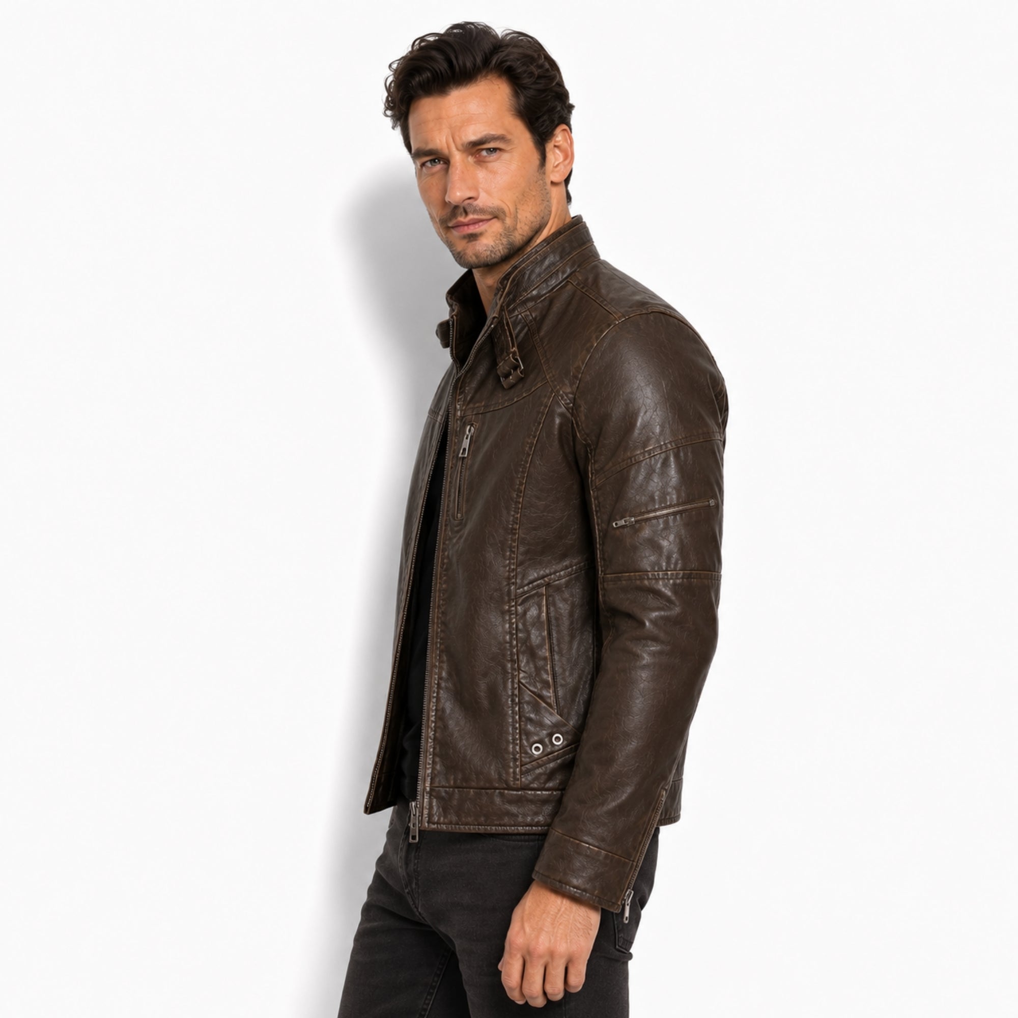 Side profile of Kouvr vintage dark brown cafe racer leather jacket for men featuring chest zip pockets.