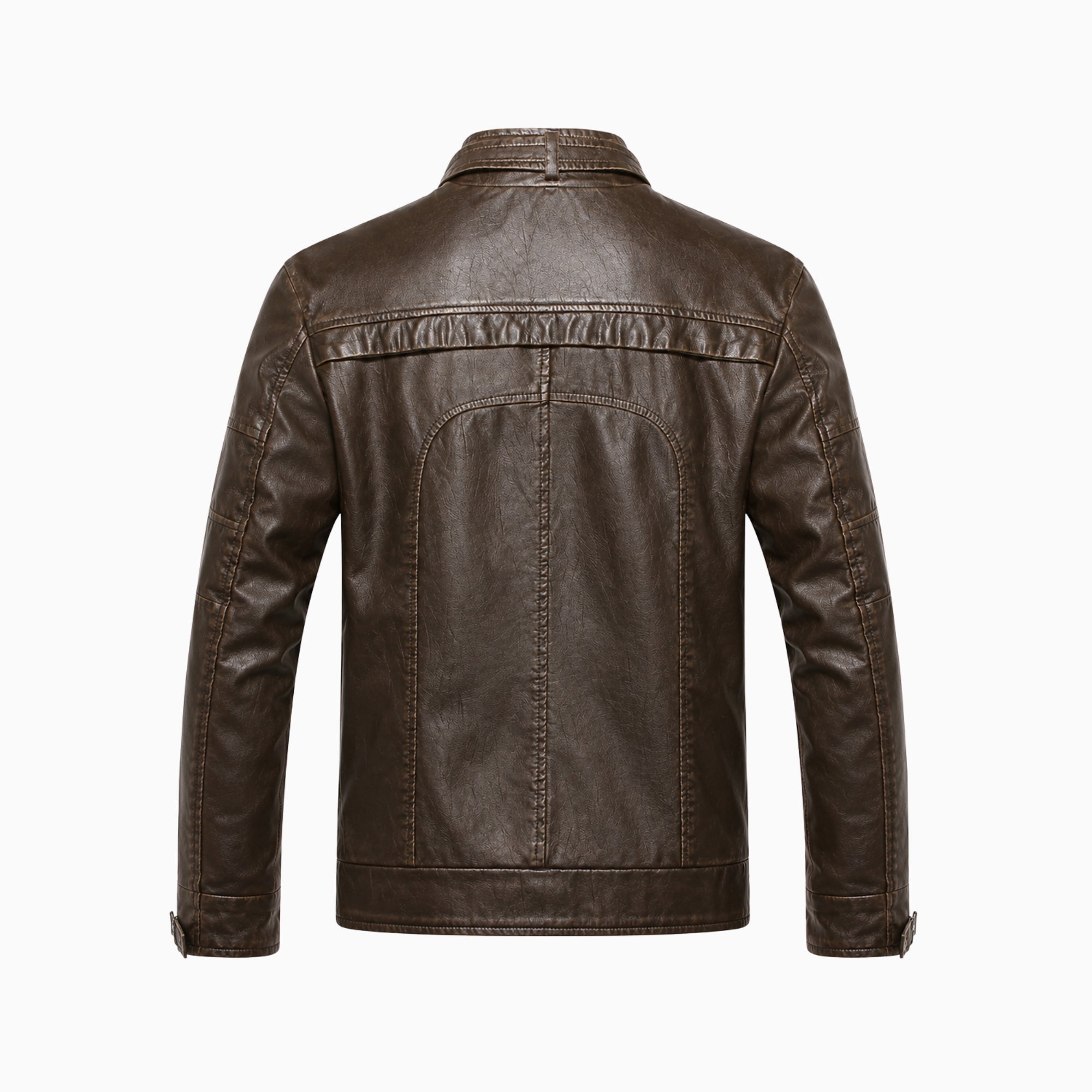 Flat lay back view of Kouvr mens dark brown distressed leather cafe racer coat.