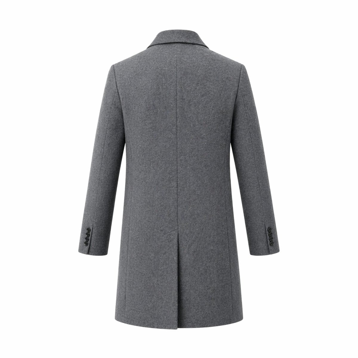 Ghost mannequin product shot of the back of Kouvr men's grey wool blend topcoat showing the clean tailored lines and center back seam.